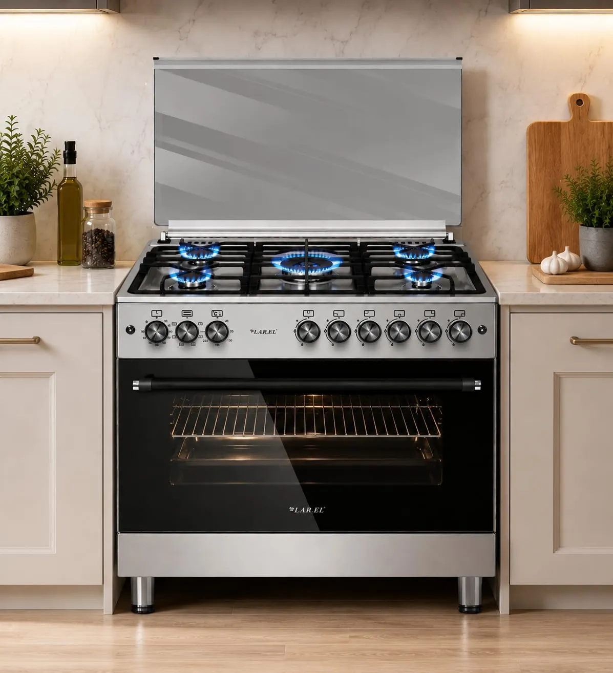 Lar.el Cucina a Gas 90x60 con Forno, 5 Fuochi Tripla Corona, Accensione Elettronica, Coperchio in Vetro, GPL o Metano CUC.L90GX - immagine 2
