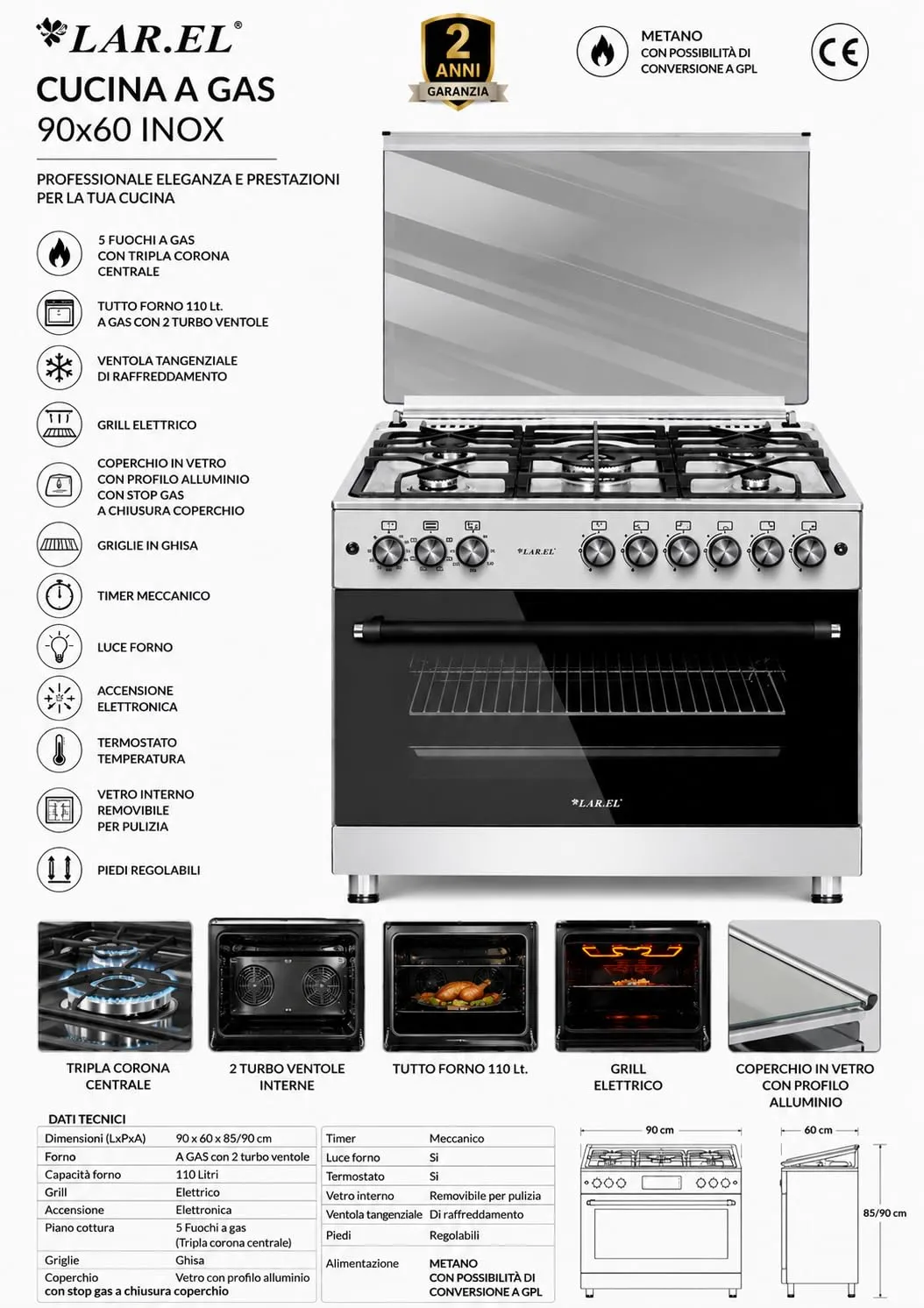Lar.el Cucina a Gas 90x60 con Forno, 5 Fuochi Tripla Corona, Accensione Elettronica, Coperchio in Vetro, GPL o Metano CUC.L90GX - immagine 5