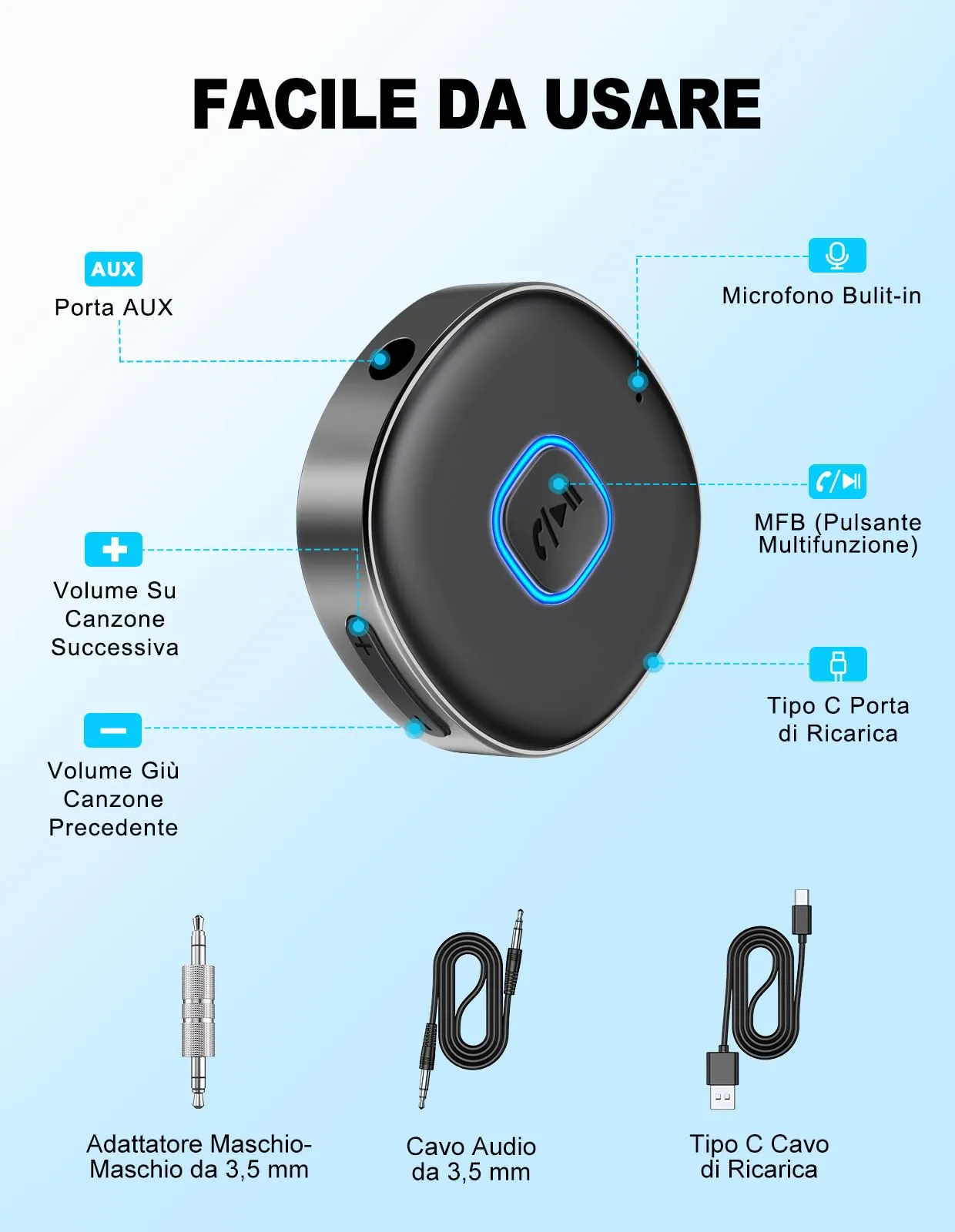 Mohard Ricevitore Bluetooth 5.3 Mini Aux Jack 3.5 mm Stereo - immagine 6