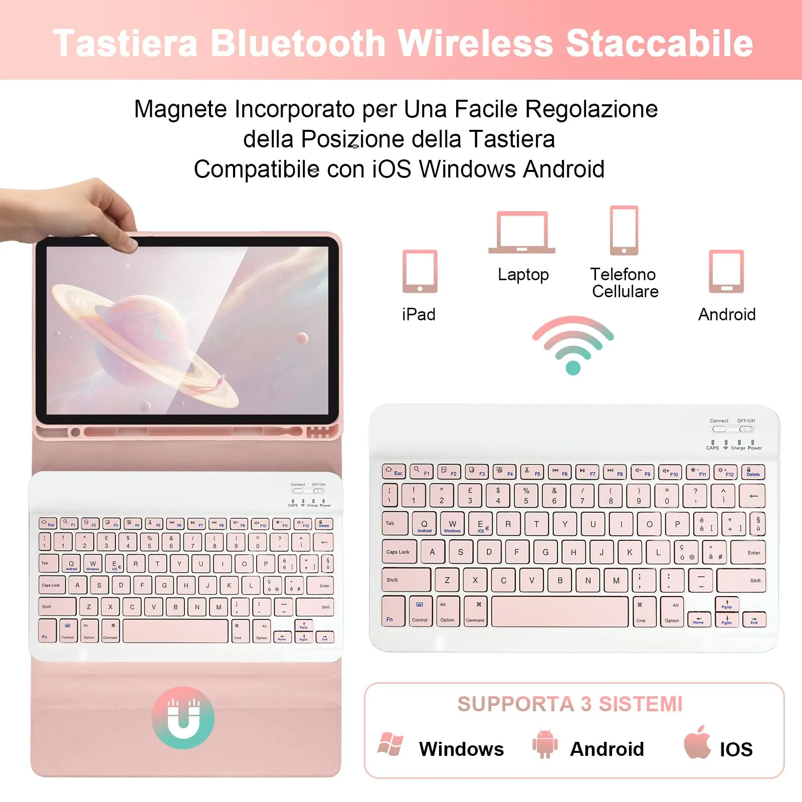 SOPPY Custodia con Tastiera Staccabile per iPad Air 11 pollici (M3 2025 / M2 2024 / 4a / 5a) e iPad Pro 11 pollici, Slot per Penna, Rosa - immagine 3