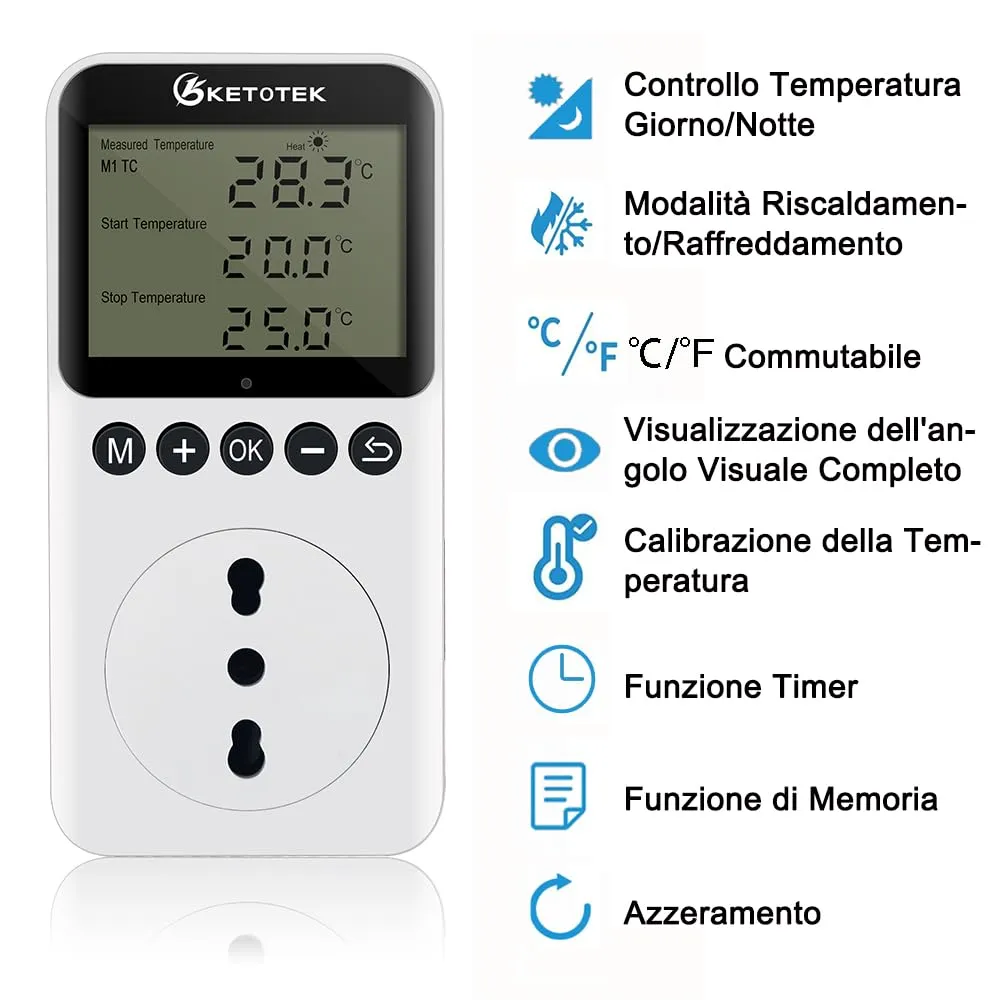 KETOTEK Presa Termostato Timer Digitale con Sonda 220V per Rettili e Terrario, Regolatore di Temperatura Riscaldamento/Raffreddamento KT3200 IT - immagine 2