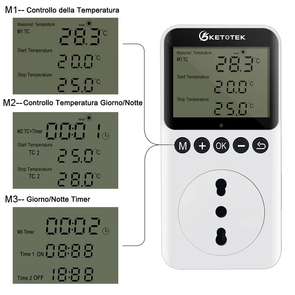 KETOTEK Presa Termostato Timer Digitale con Sonda 220V per Rettili e Terrario, Regolatore di Temperatura Riscaldamento/Raffreddamento KT3200 IT - immagine 3