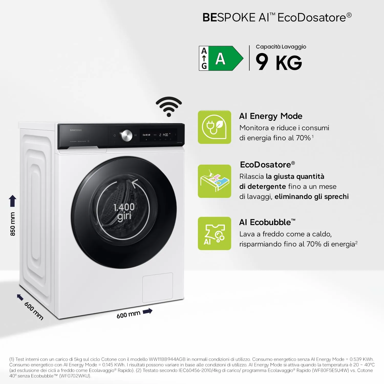 Samsung BESPOKE AI Lavatrice WW90DB7U94GE/U3, 9 kg, Bianco/Nero - immagine 2