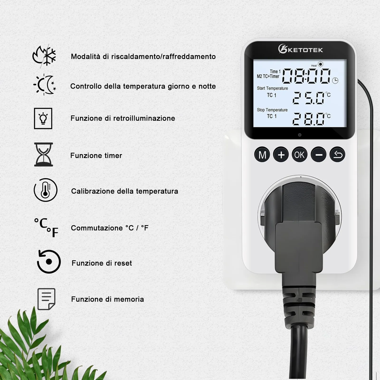 KETOTEK KT3200proBL Presa Termostato Digitale Giorno/Notte con Timer e Retroilluminazione per Rettili, Terrario, Incubatore e Serra - immagine 2