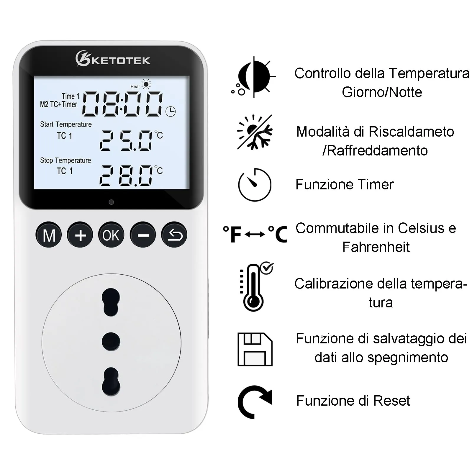 KETOTEK Presa Termostato Timer Digitale con Sonda, Spina Tipo L per Rettili Terrario Incubatore Serra - immagine 2