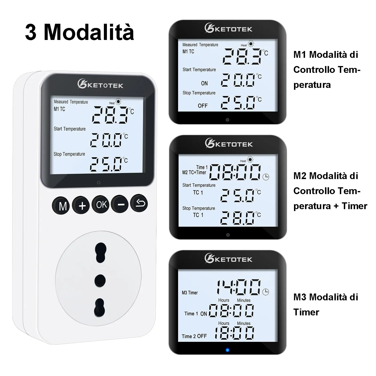 KETOTEK Presa Termostato Timer Digitale con Sonda, Spina Tipo L per Rettili Terrario Incubatore Serra - immagine 3