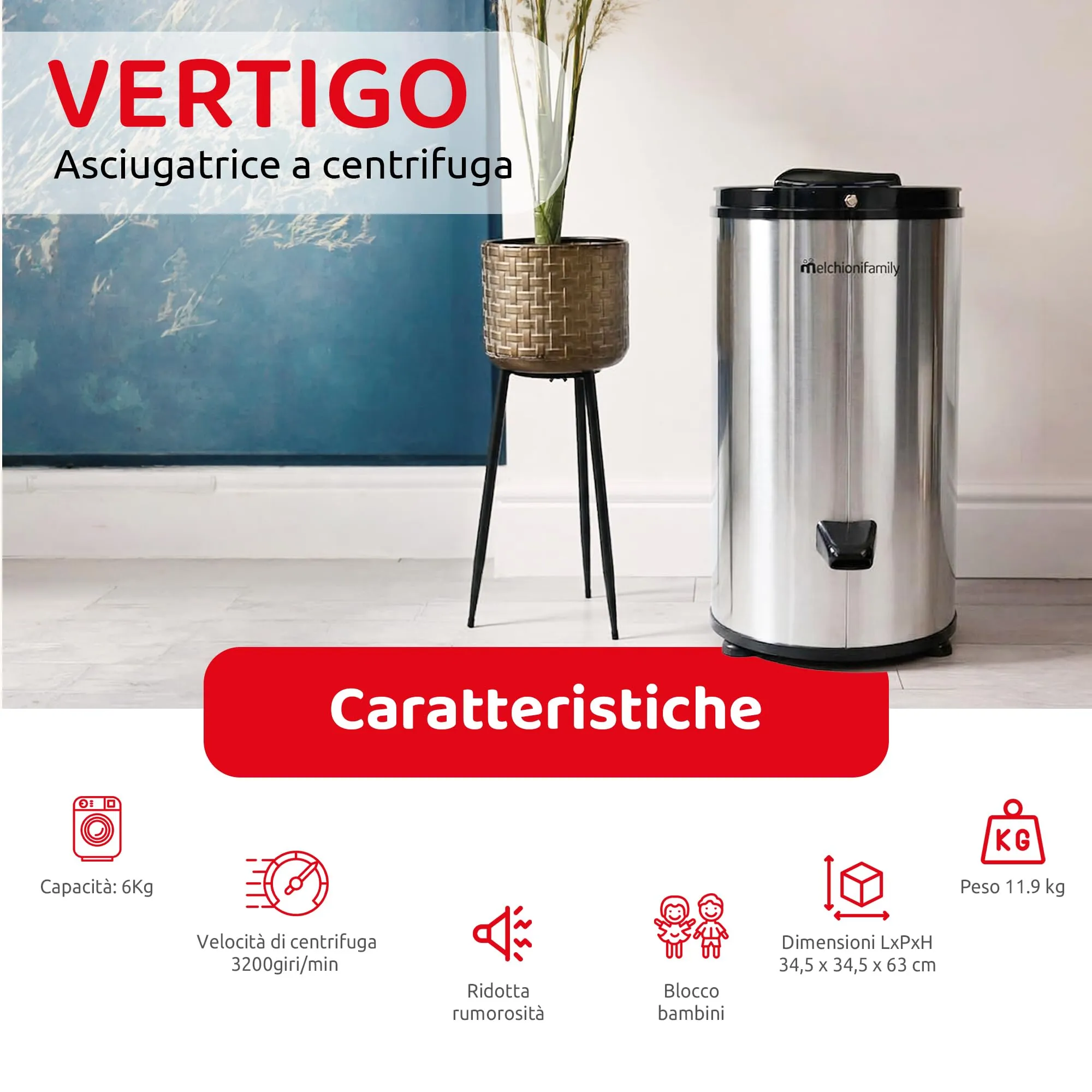 Melchioni Family Vertigo Asciugatrice a Centrifuga 3200 Giri/min, Acciaio Inox, Capacità 6 kg - immagine 2
