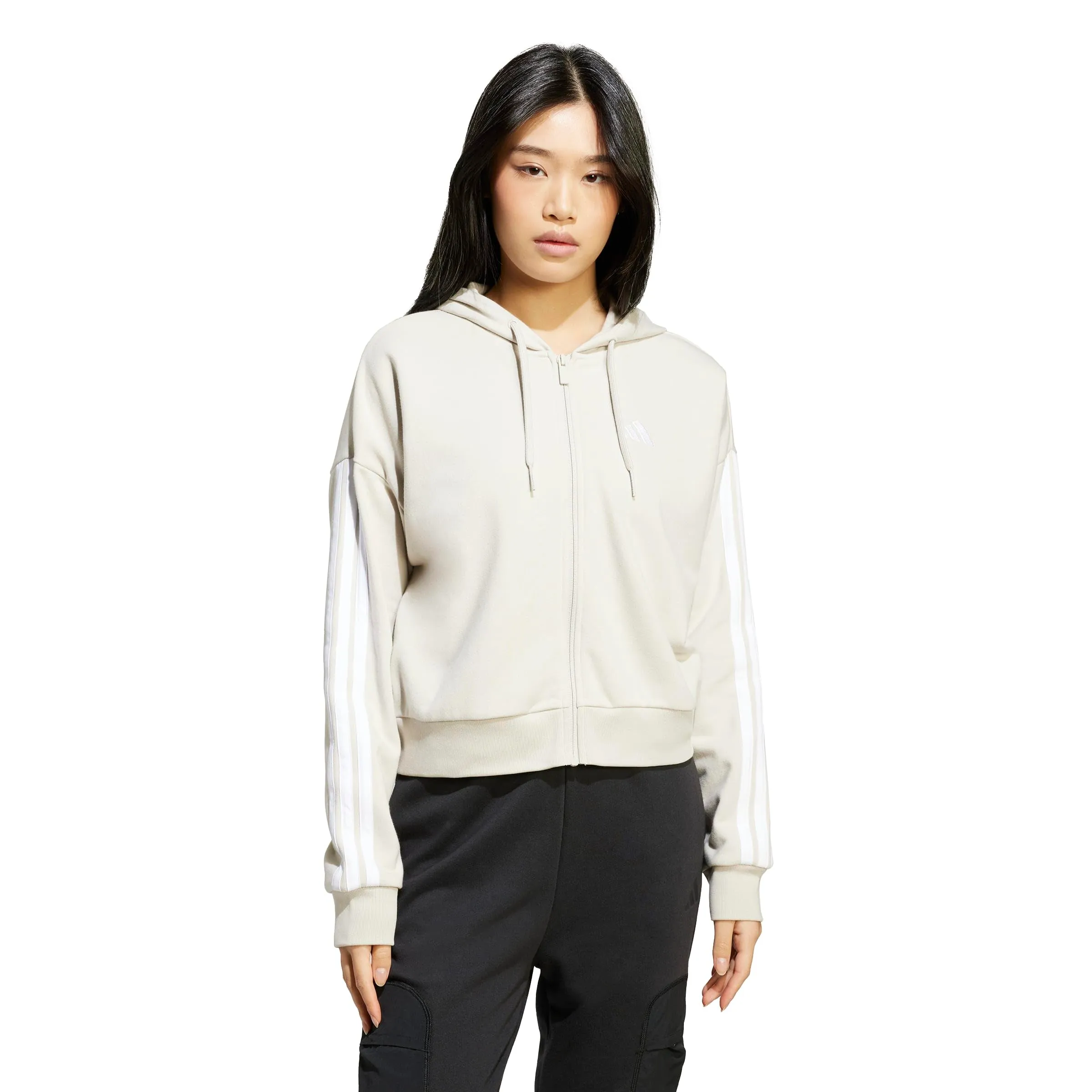 adidas Felpa con cappuccio da donna Essentials con 3 strisce, Wonder Alumina/Bianco, XXL - immagine 1