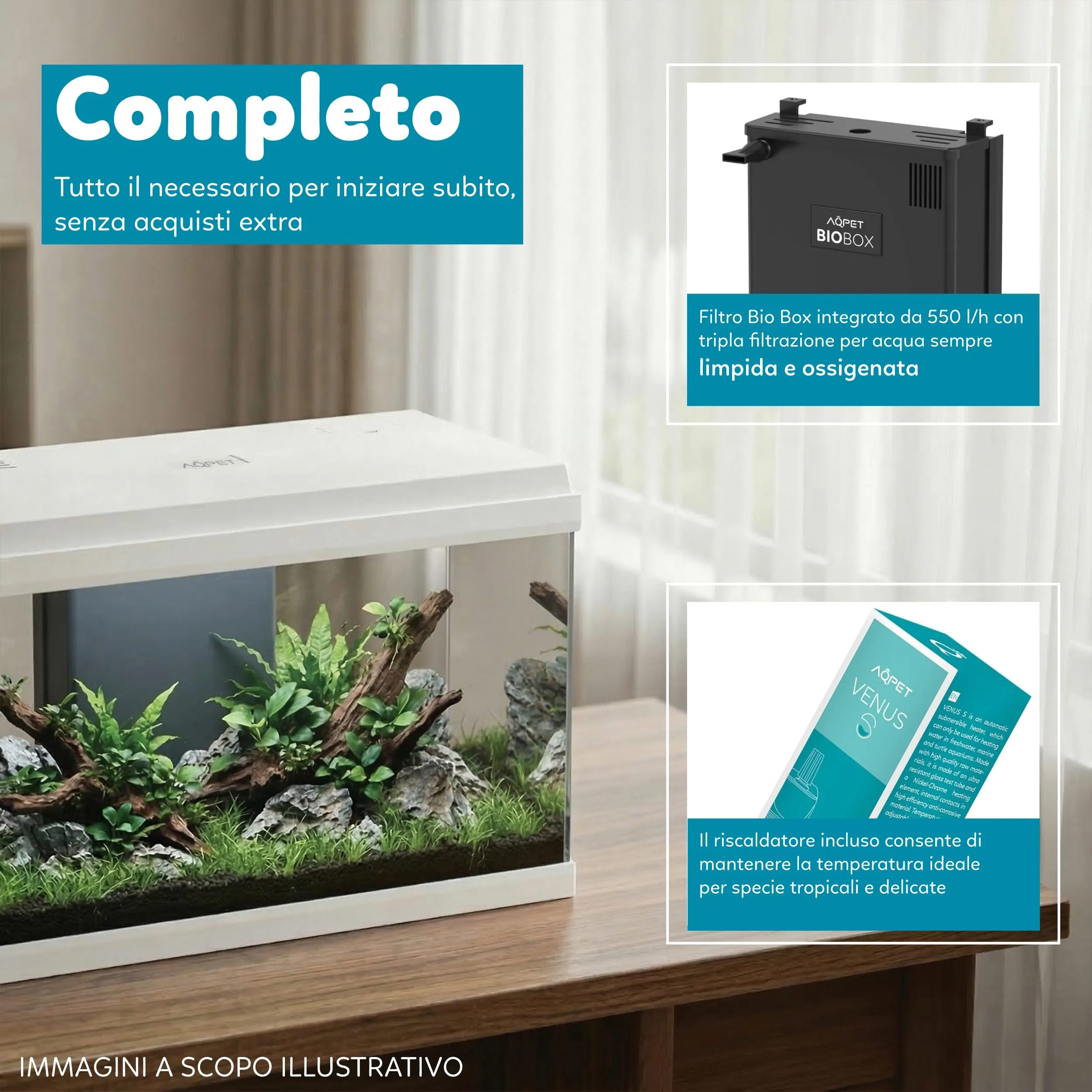 AQPET Acquario in Vetro per Pesci Tropicali Simply, 60 Litri, 59x30x39 cm, Bianco - immagine 3