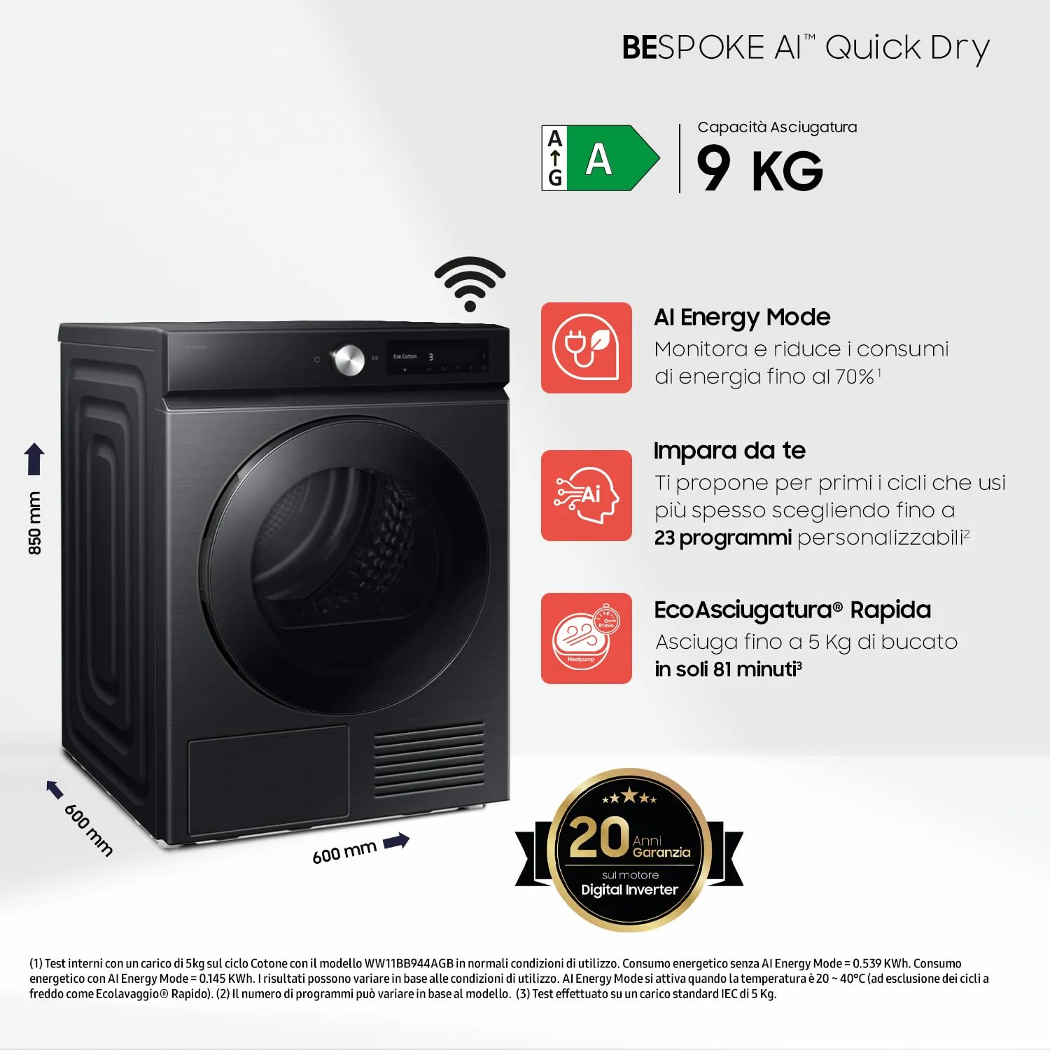Samsung Bespoke AI DV90DB7845GB/U3 Asciugatrice Pompa di Calore 9 kg, Wifi, QuickDrive, AI Dry, Hygiene Dry, 60x85x60 cm - immagine 2