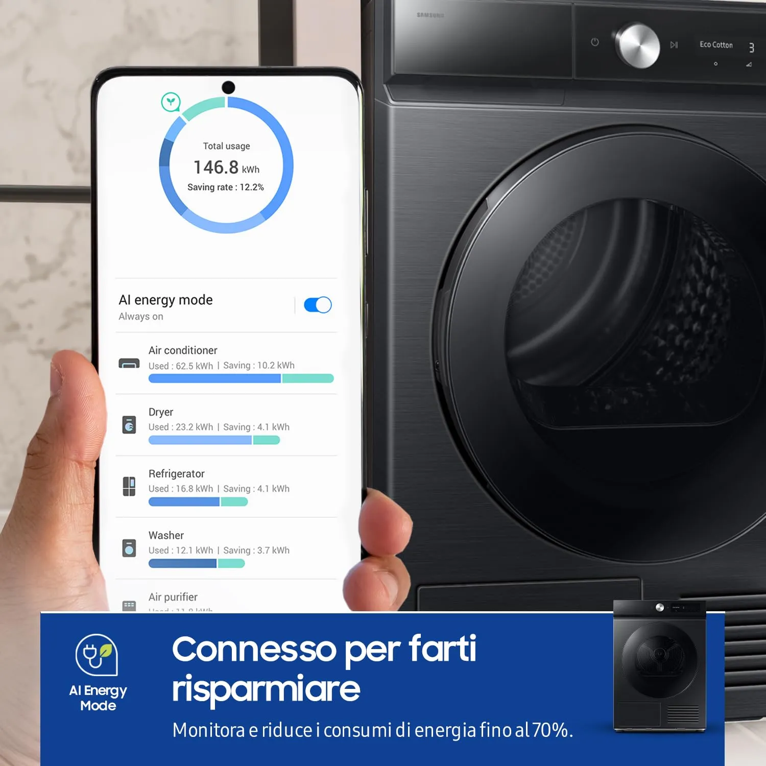 Samsung Bespoke AI DV90DB7845GB/U3 Asciugatrice Pompa di Calore 9 kg, Wifi, QuickDrive, AI Dry, Hygiene Dry, 60x85x60 cm - immagine 3