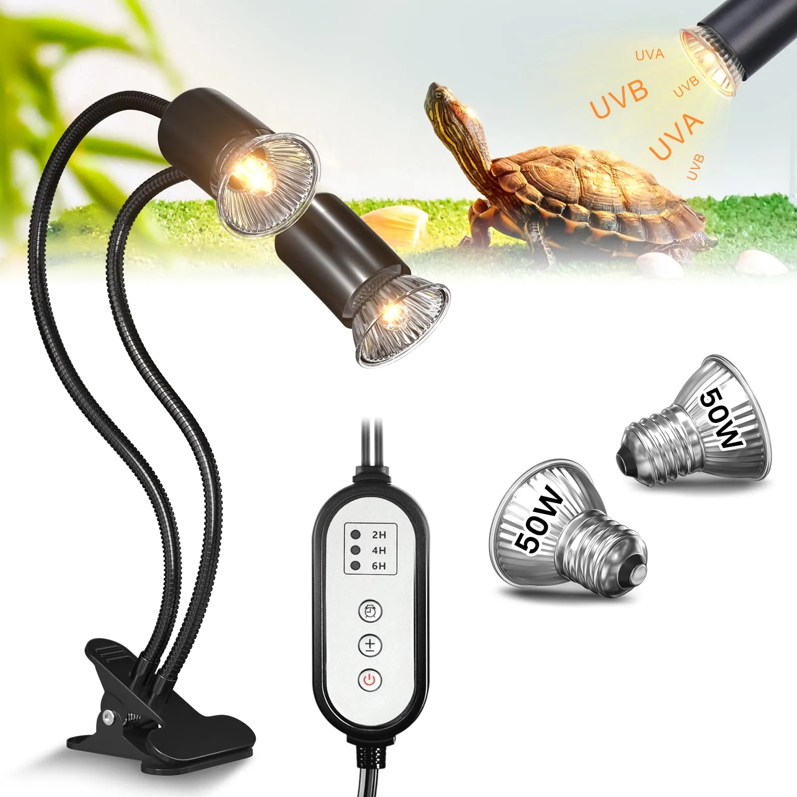 GlowUp Lampada Riscaldante per Rettili a Doppia Testa con 2 Lampadine E27, 360° Regolabile, per Tartarughe, Serpenti, Lucertole, Camaleonti e Uccelli - immagine 1