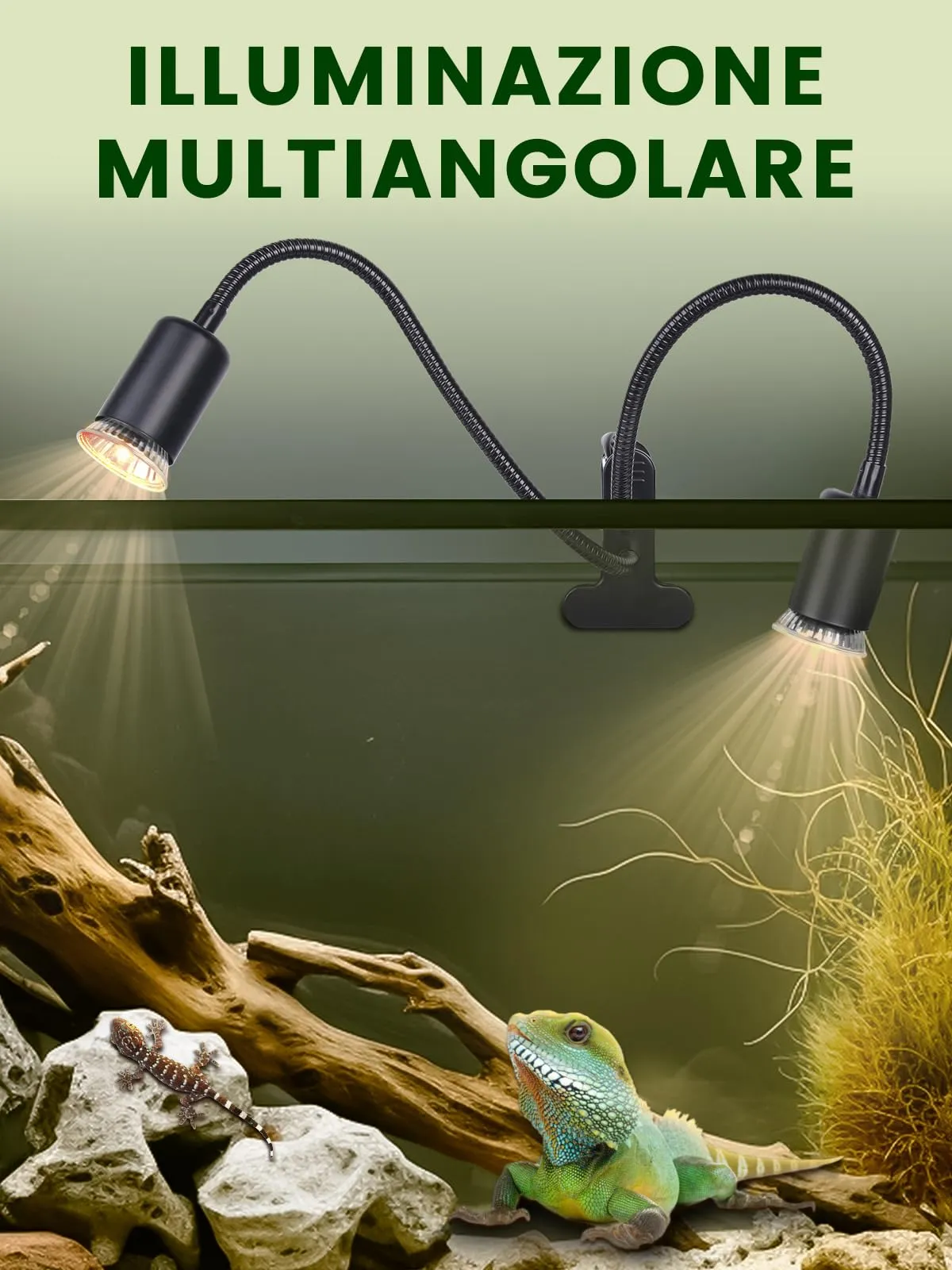 GlowUp Lampada Riscaldante per Rettili a Doppia Testa con 2 Lampadine E27, 360° Regolabile, per Tartarughe, Serpenti, Lucertole, Camaleonti e Uccelli - immagine 2