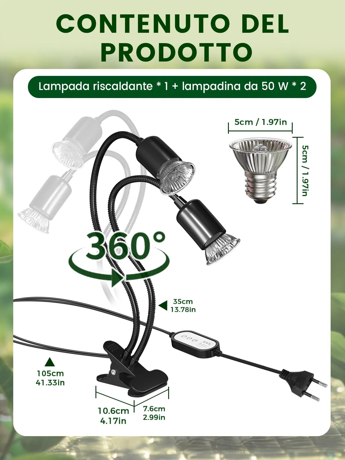 GlowUp Lampada Riscaldante per Rettili a Doppia Testa con 2 Lampadine E27, 360° Regolabile, per Tartarughe, Serpenti, Lucertole, Camaleonti e Uccelli - immagine 5
