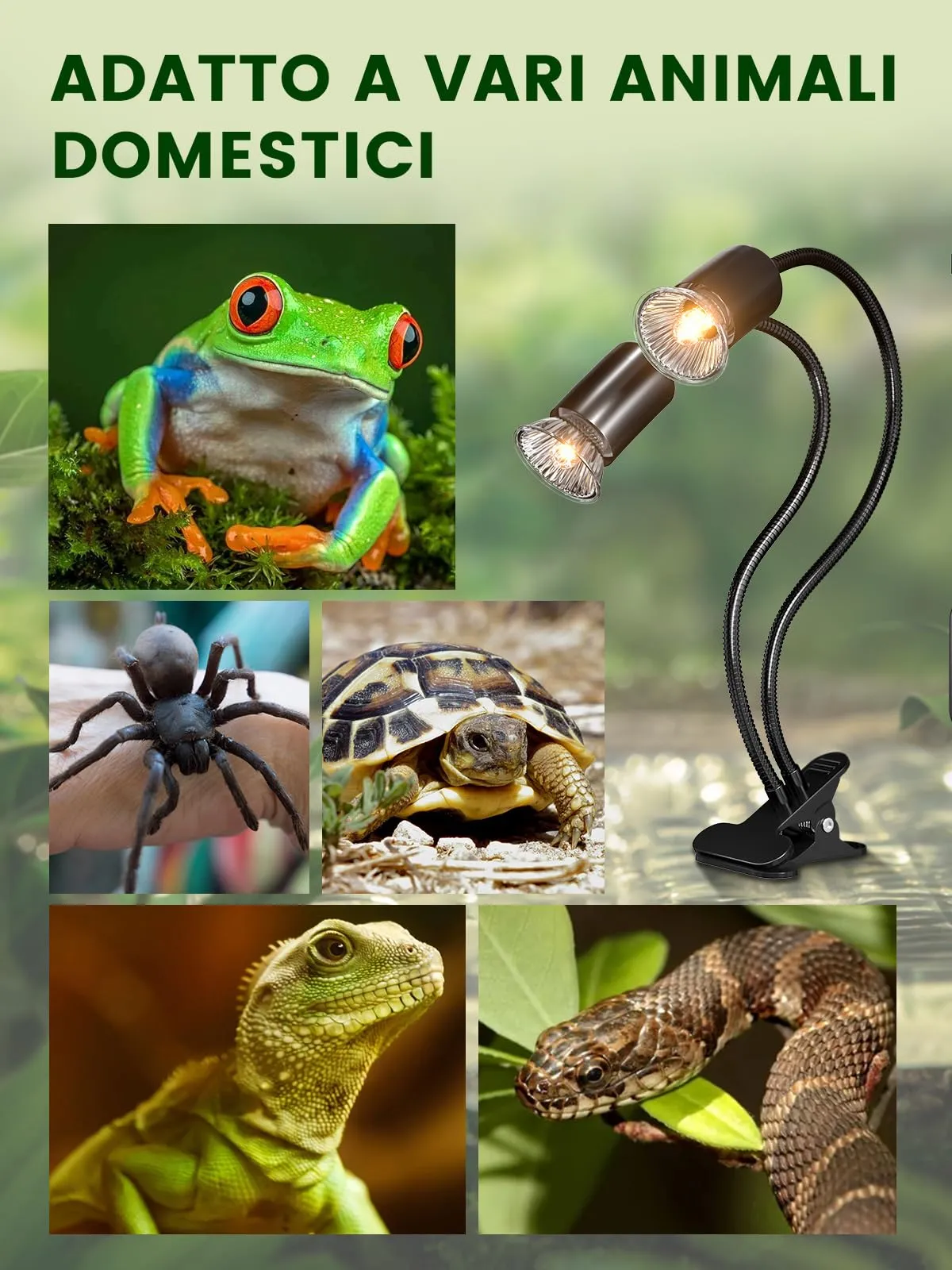 GlowUp Lampada Riscaldante per Rettili a Doppia Testa con 2 Lampadine E27, 360° Regolabile, per Tartarughe, Serpenti, Lucertole, Camaleonti e Uccelli - immagine 6