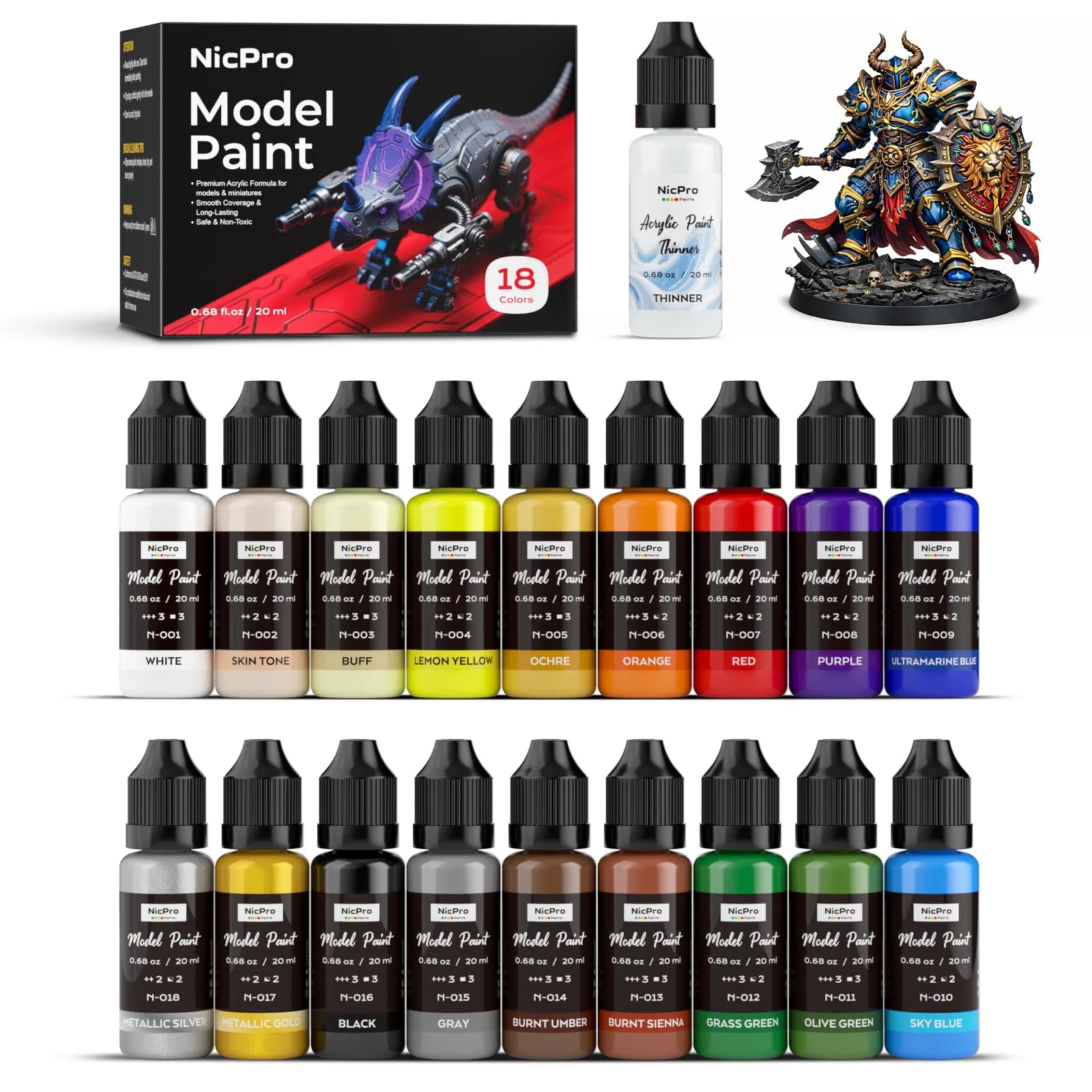 Nicpro Set Colori Acrilici per Modellismo 18 Colori x 20 ml con Diluente - immagine 1
