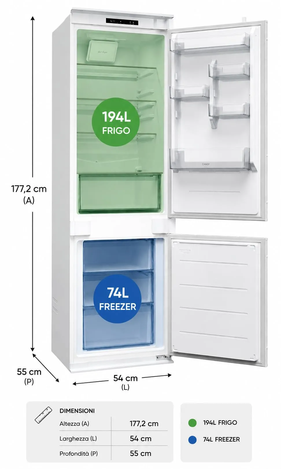 Candy Fresco 400 Frigorifero Combinato da Incasso 268L, Low Frost, CNBQL3518EV - immagine 3