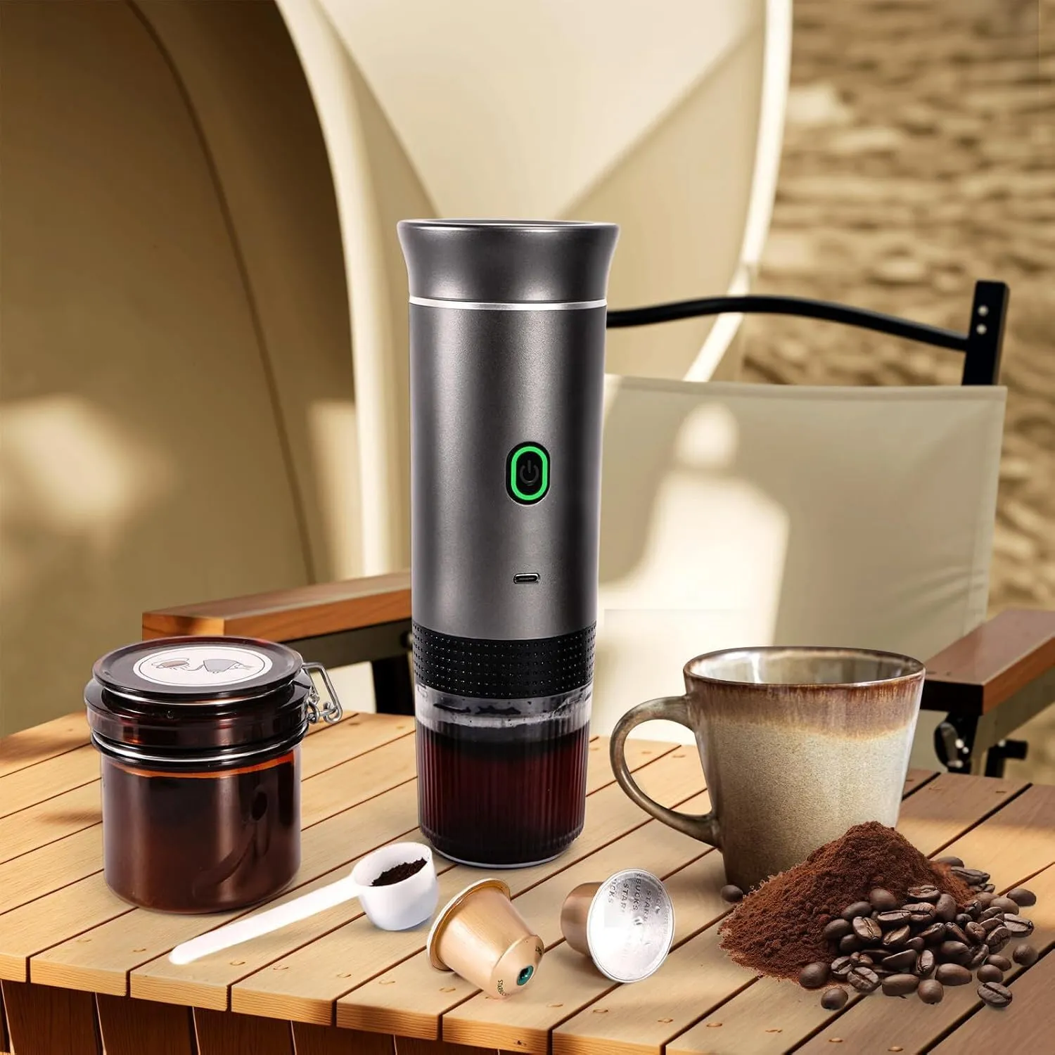 Frilla ESPRESSNA Macchina per Espresso Portatile 3 in 1, Compatibile con Capsule Nespresso, Dolce Gusto e Caffè Macinato, 20 Bar, Autoriscaldante, USB-C - immagine 5