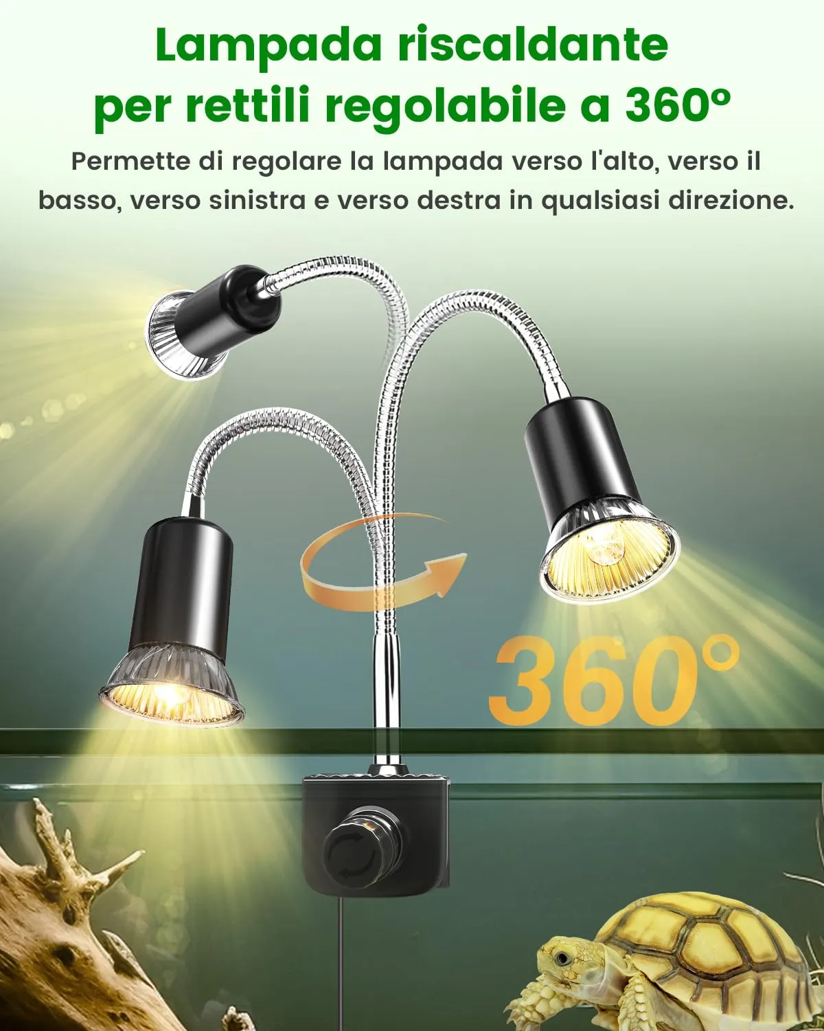 GlowUp Lampada per Rettili e Tartarughe, Girevole a 360° con Morsetto Regolabile, 2 Lampadine E27 Incluse - immagine 4