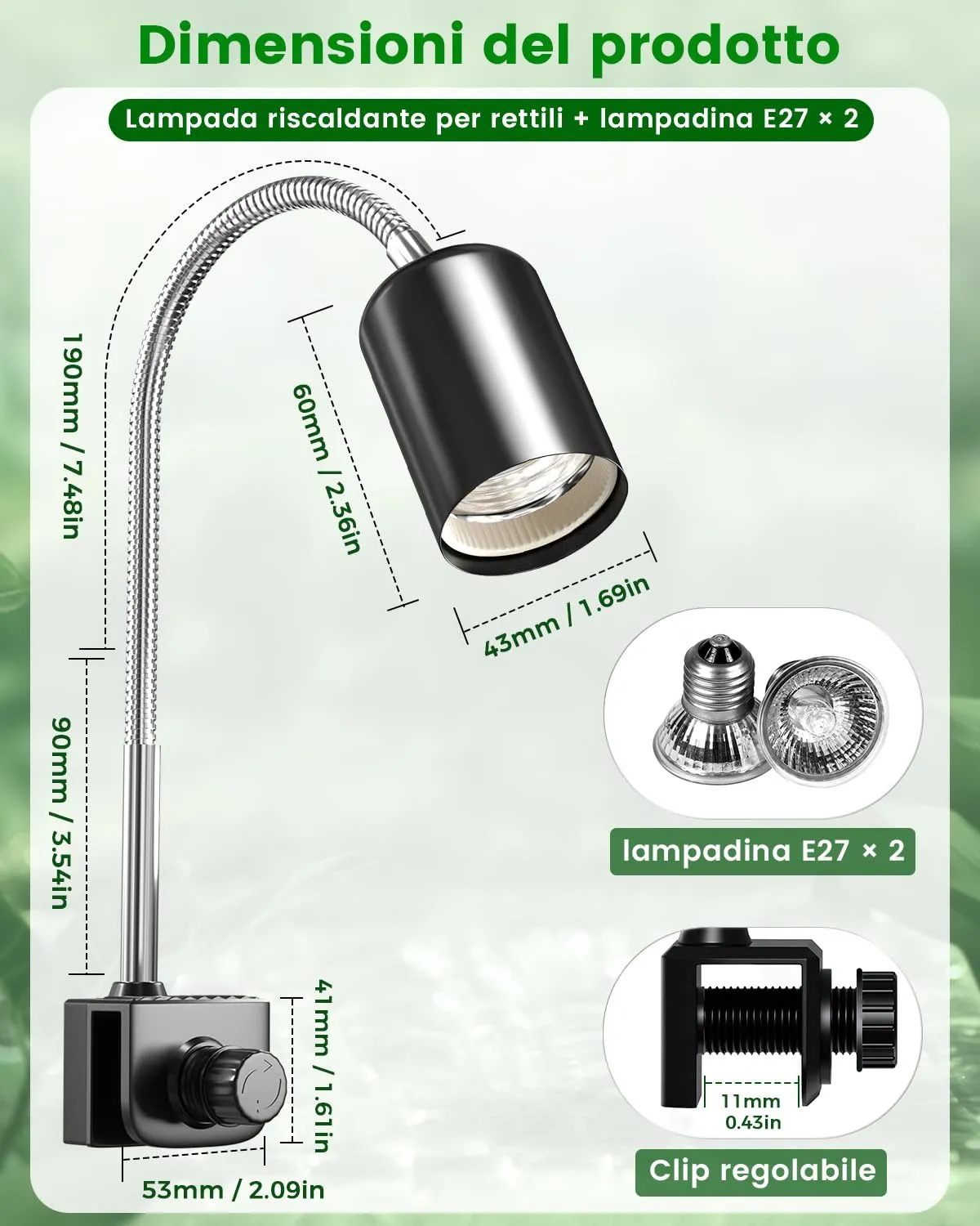GlowUp Lampada per Rettili e Tartarughe, Girevole a 360° con Morsetto Regolabile, 2 Lampadine E27 Incluse - immagine 6