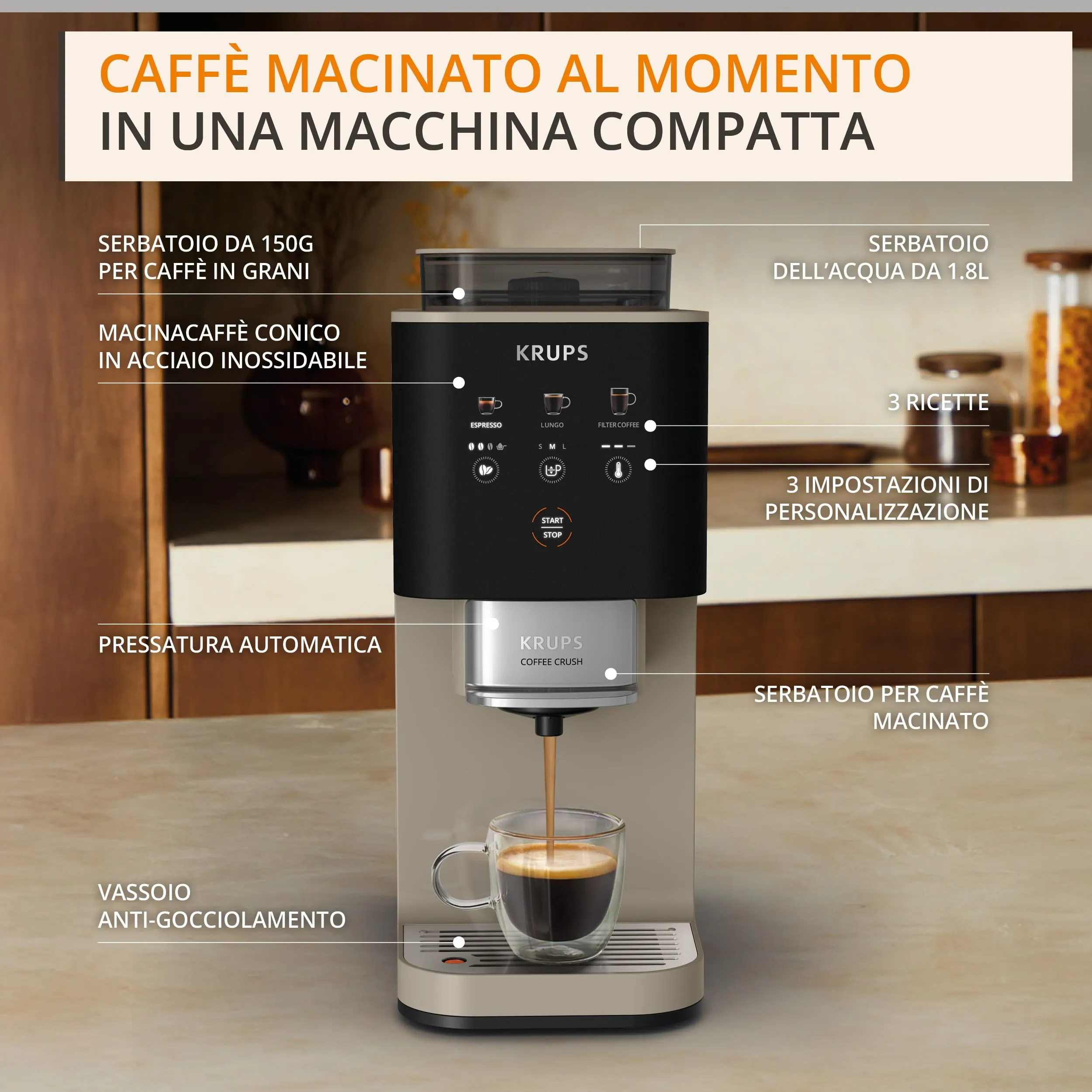 Krups Coffee Crush Extra Automatic Coffee Machine, Chai, SA402A - immagine 3
