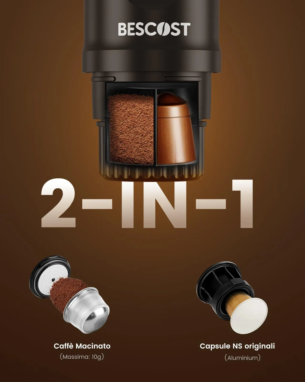 BESCOST Macchina Caffè Portatile CF-H03Pro, 20 Bar, Batteria 9600mAh USB-C, Compatibile con Capsule NS e Caffè Macinato - immagine 2