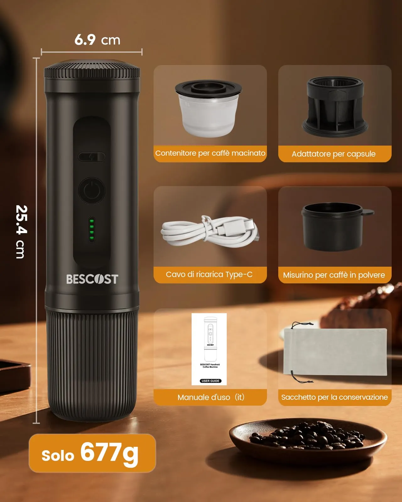 BESCOST Macchina Caffè Portatile CF-H03Pro, 20 Bar, Batteria 9600mAh USB-C, Compatibile con Capsule NS e Caffè Macinato - immagine 6