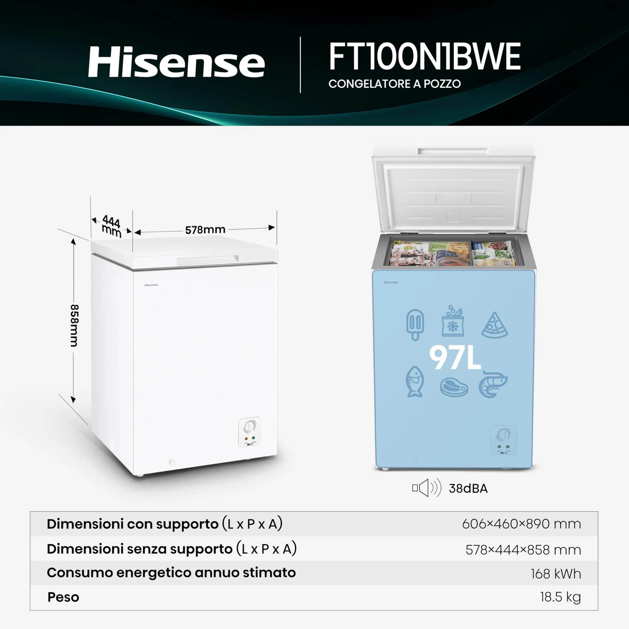 Hisense FT100N1BWE Congelatore a Pozzetto 97 litri, Bianco - immagine 2