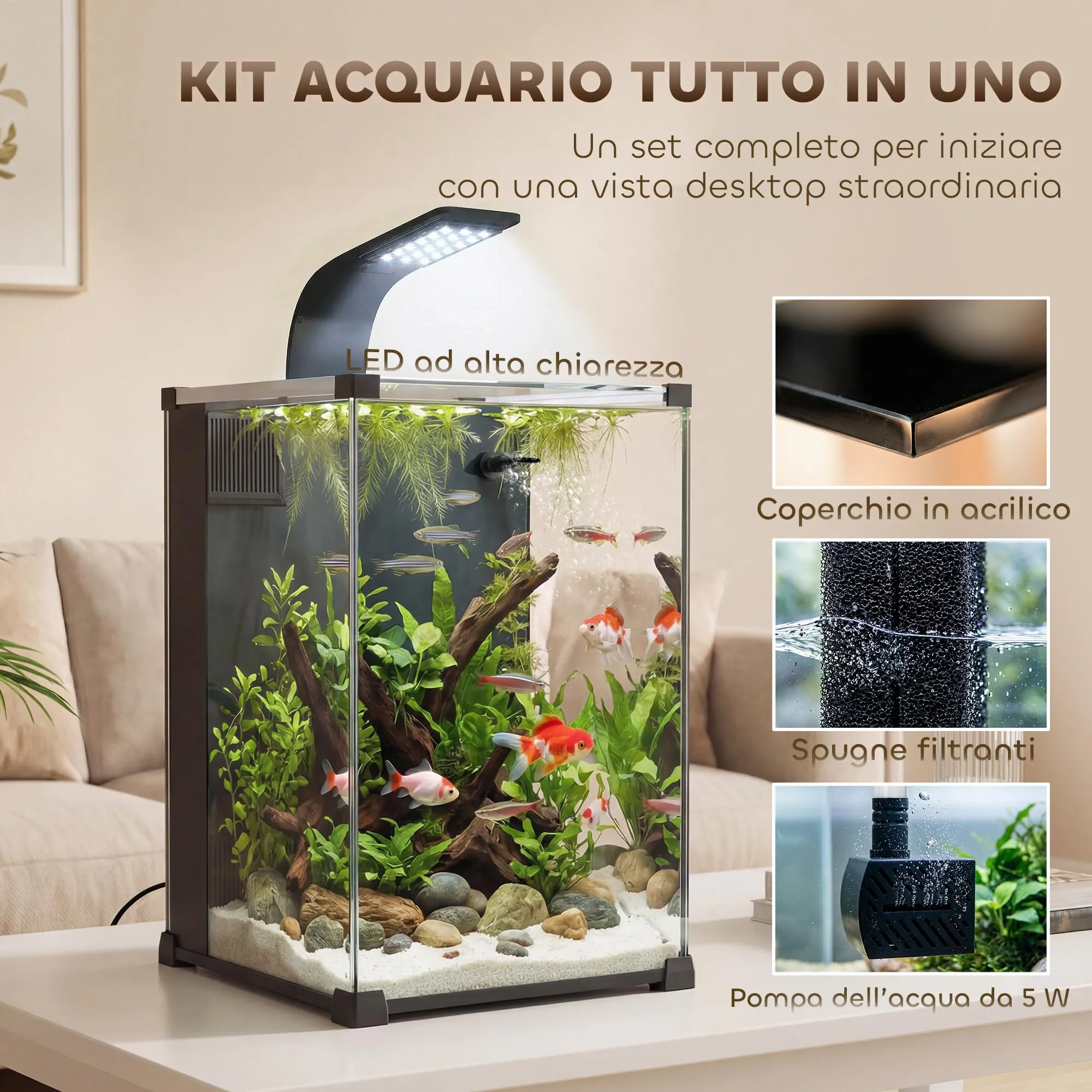 PawHut Acquario in Vetro Temperato 36L Trasparente 30x30x45.5 cm Nero - immagine 3