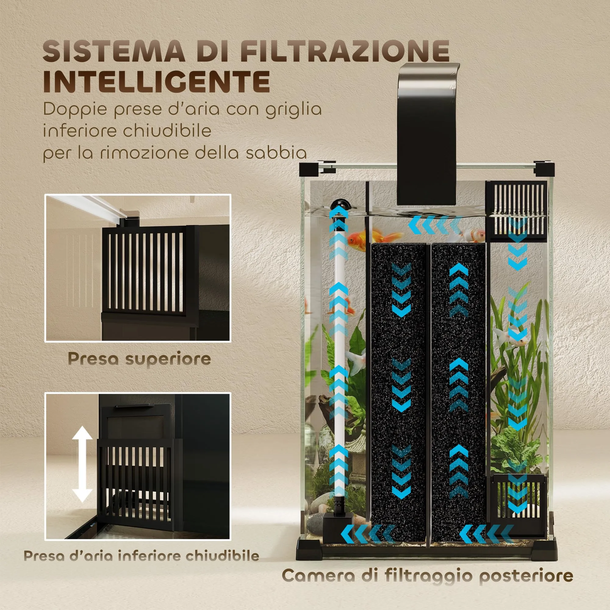PawHut Acquario in Vetro Temperato 36L Trasparente 30x30x45.5 cm Nero - immagine 5