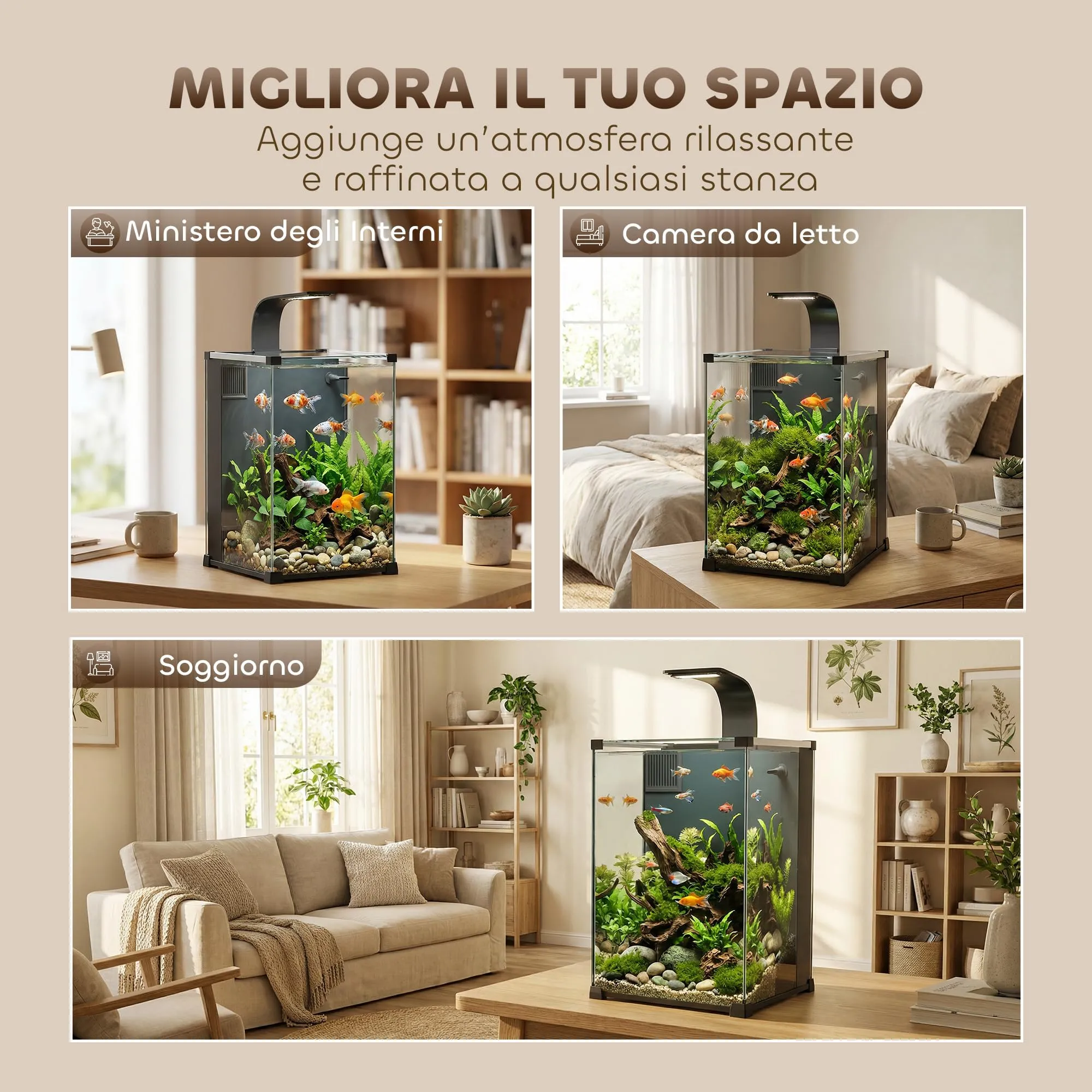 PawHut Acquario in Vetro Temperato 36L Trasparente 30x30x45.5 cm Nero - immagine 9