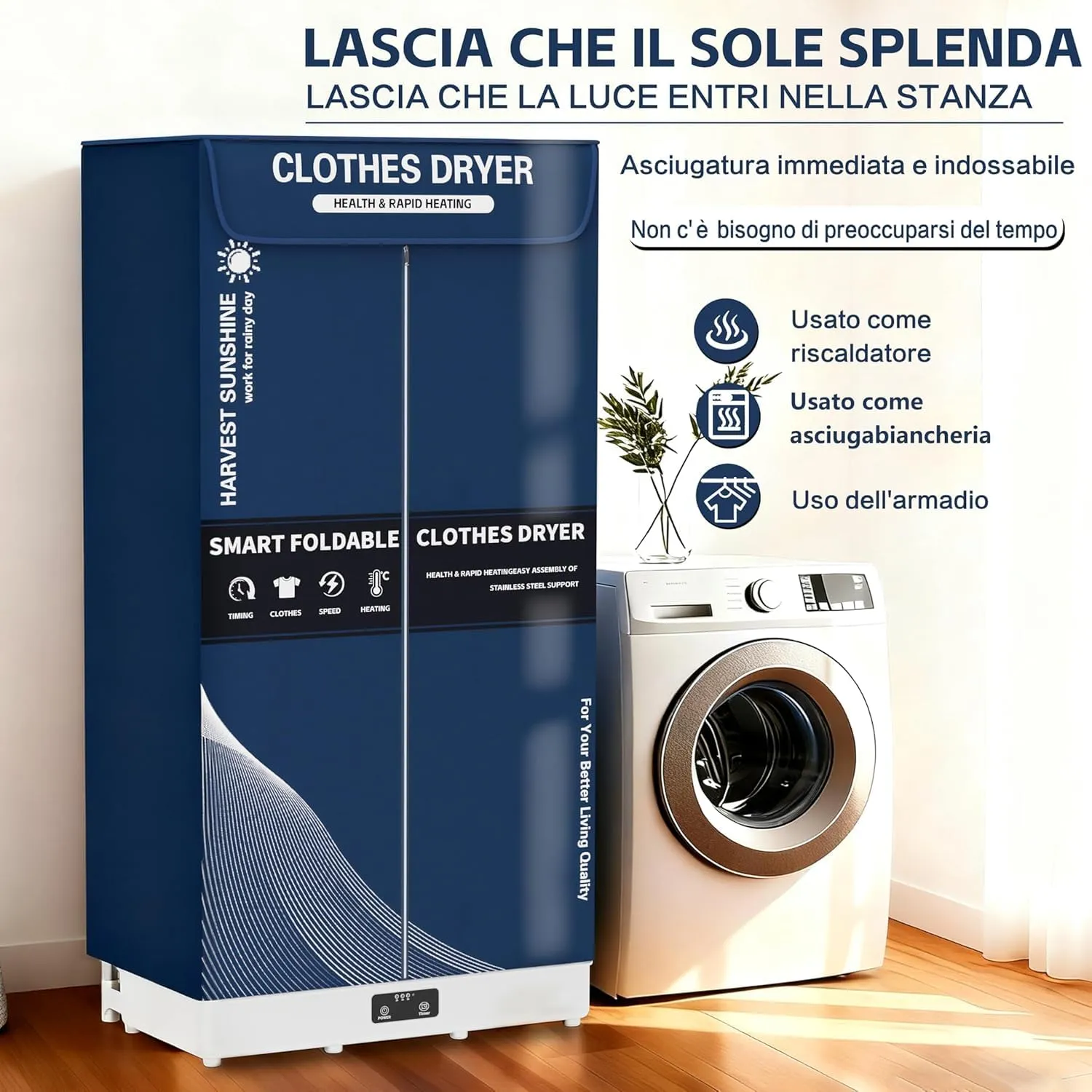 Kiseely Asciugabiancheria Elettrico Portatile Pieghevole con Timer, Blu DE8 - immagine 2