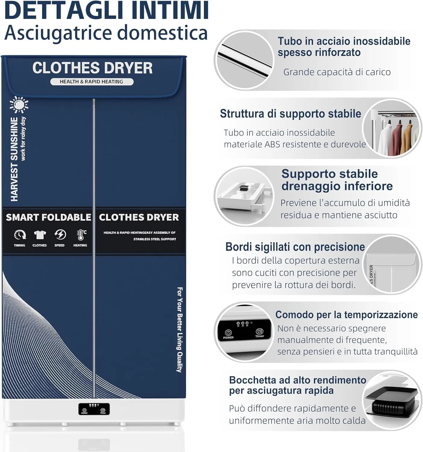 Kiseely Asciugabiancheria Elettrico Portatile Pieghevole con Timer, Blu DE8 - immagine 4