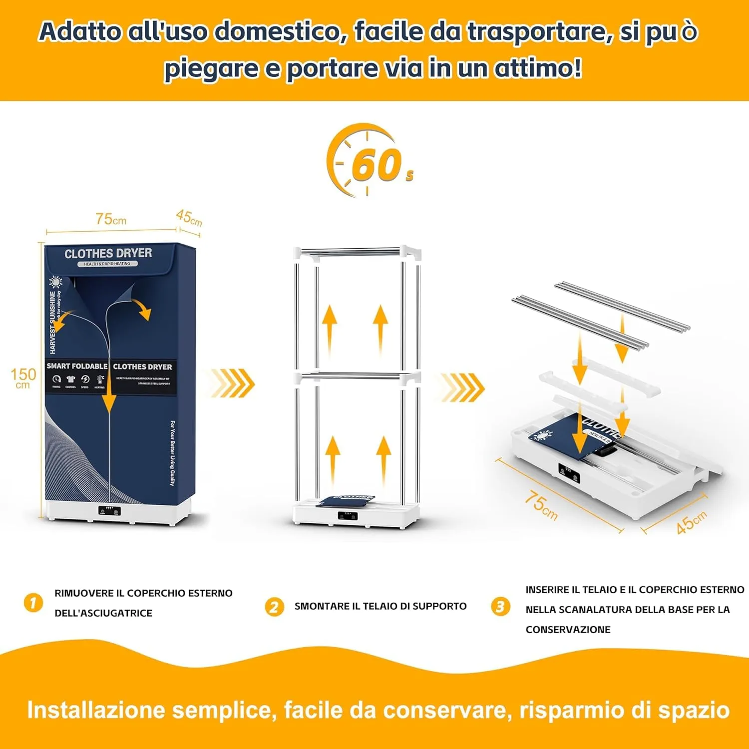 Kiseely Asciugabiancheria Elettrico Portatile Pieghevole con Timer, Blu DE8 - immagine 7