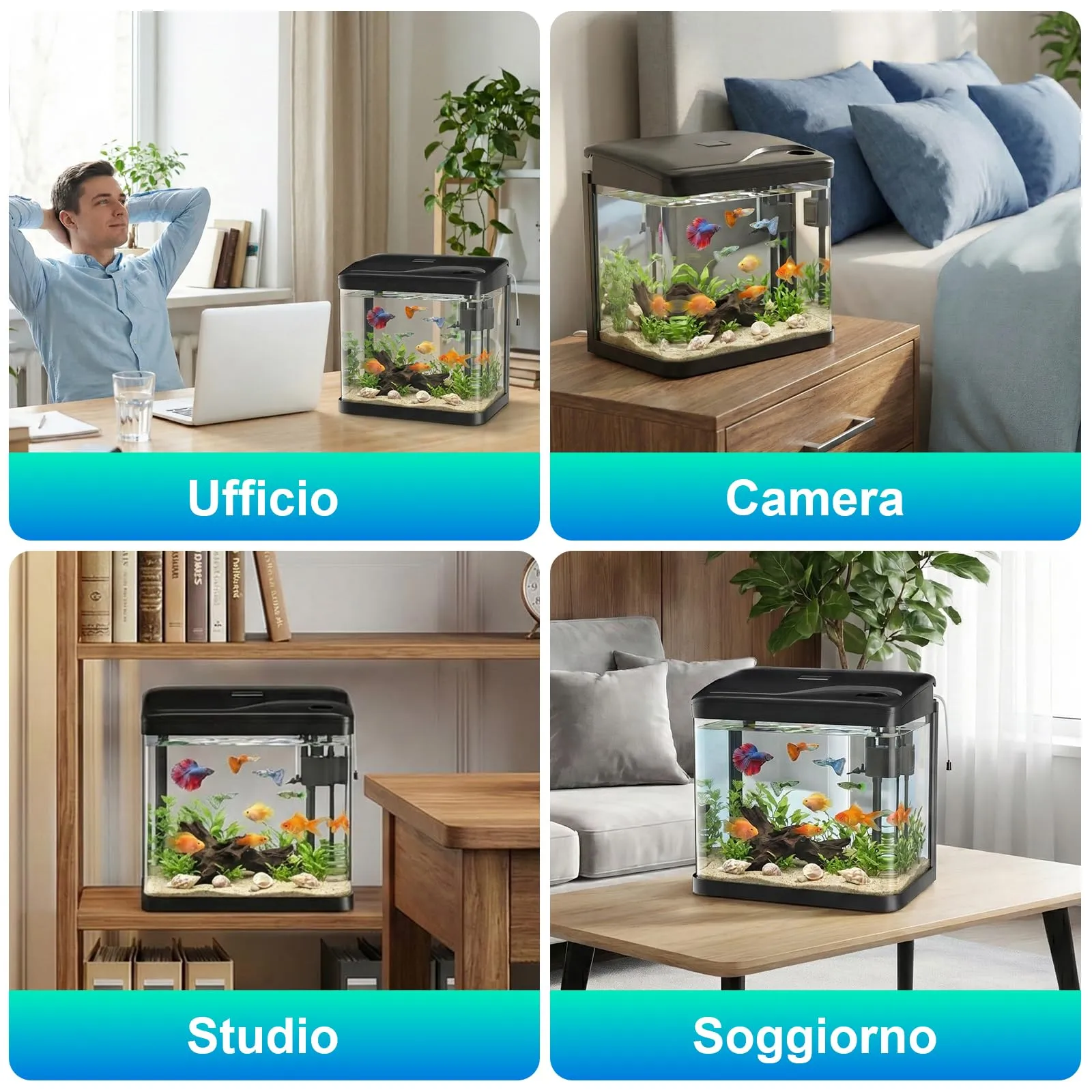 PUTINEI Acquario in Vetro 10 Litri con Illuminazione a LED e Sistema di Filtraggio, Nero - immagine 6