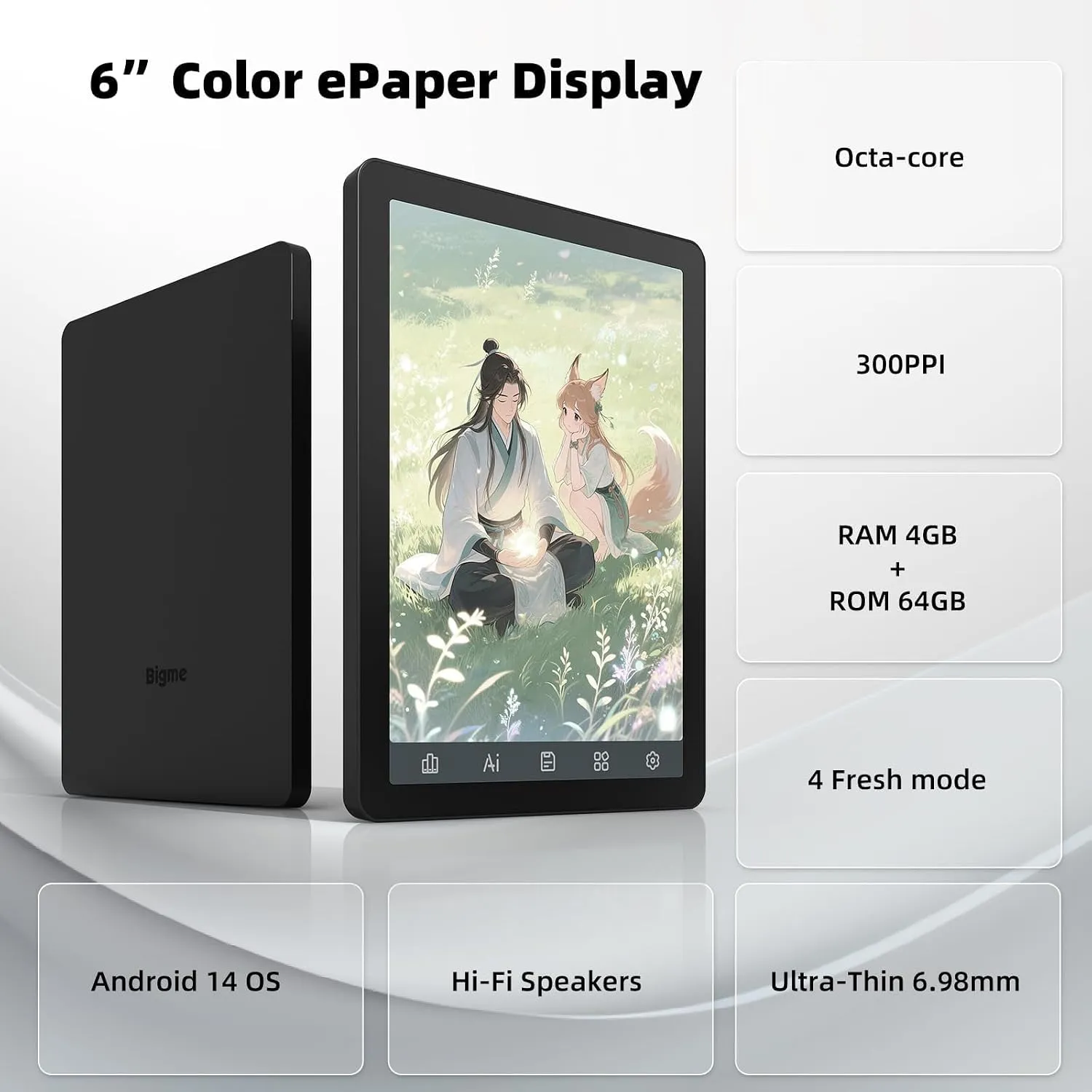 Bigme B6 E-reader a colori, 6 pollici, Android 14, 4 GB RAM, 64 GB, CPU Octa-Core, Nero - immagine 2