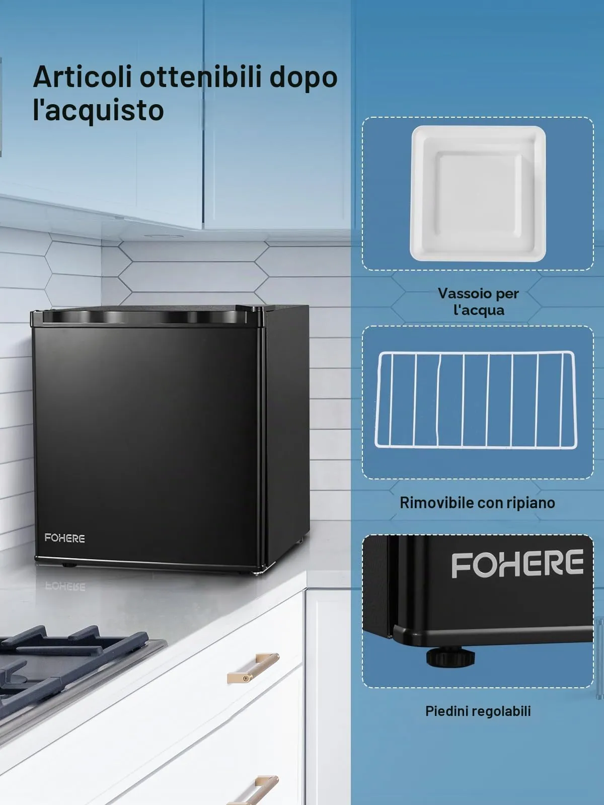 FOHERE Mini Frigo 46 Litri, Monoporta, Termostato Regolabile, Porta Reversibile, Nero - immagine 3