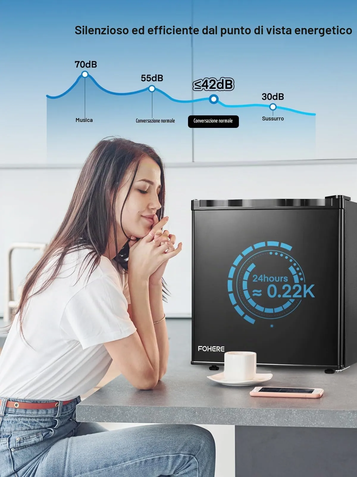 FOHERE Mini Frigo 46 Litri, Monoporta, Termostato Regolabile, Porta Reversibile, Nero - immagine 4
