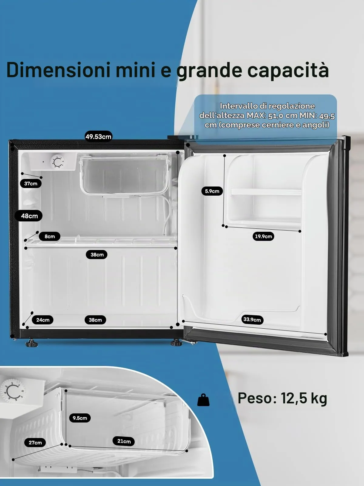 FOHERE Mini Frigo 46 Litri, Monoporta, Termostato Regolabile, Porta Reversibile, Nero - immagine 9