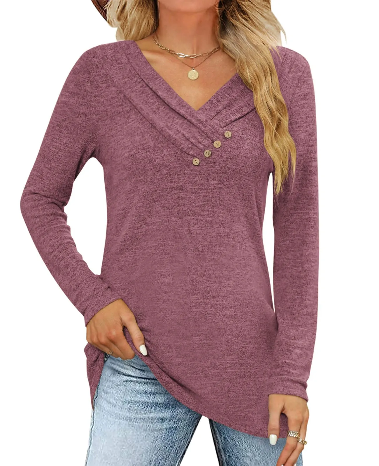 Fisoew Maglia Donna a Maniche Lunghe Scollo a V, Borgogna, S - immagine 1