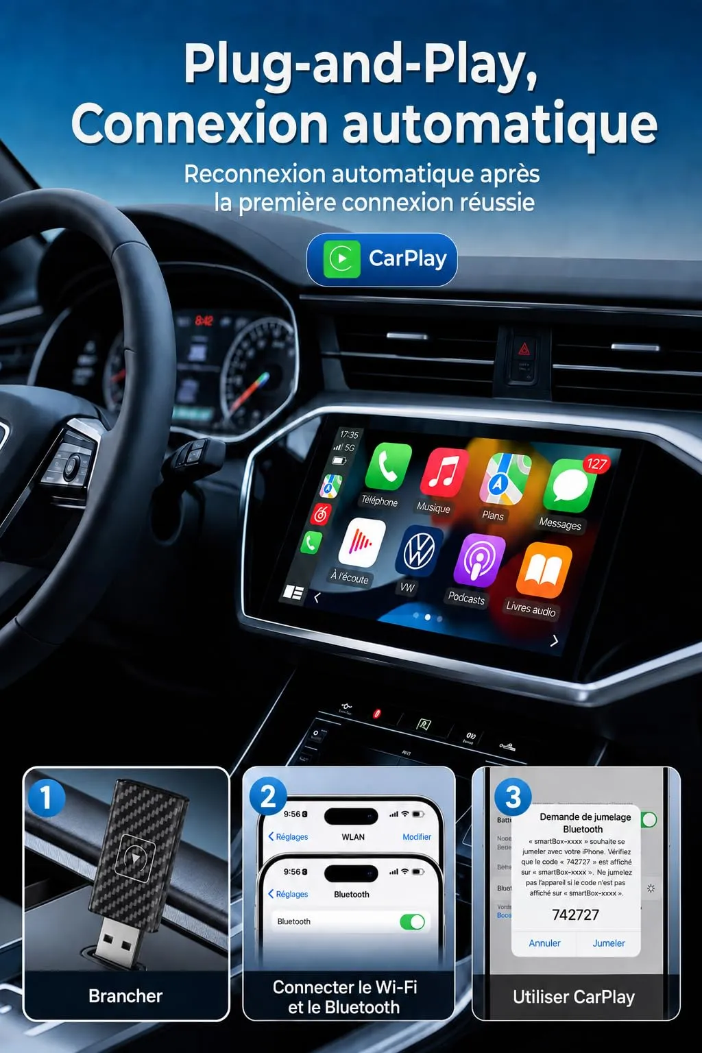 Gonikli Adattatore CarPlay Wireless per iOS, da Cablato a Wireless per Auto - immagine 2