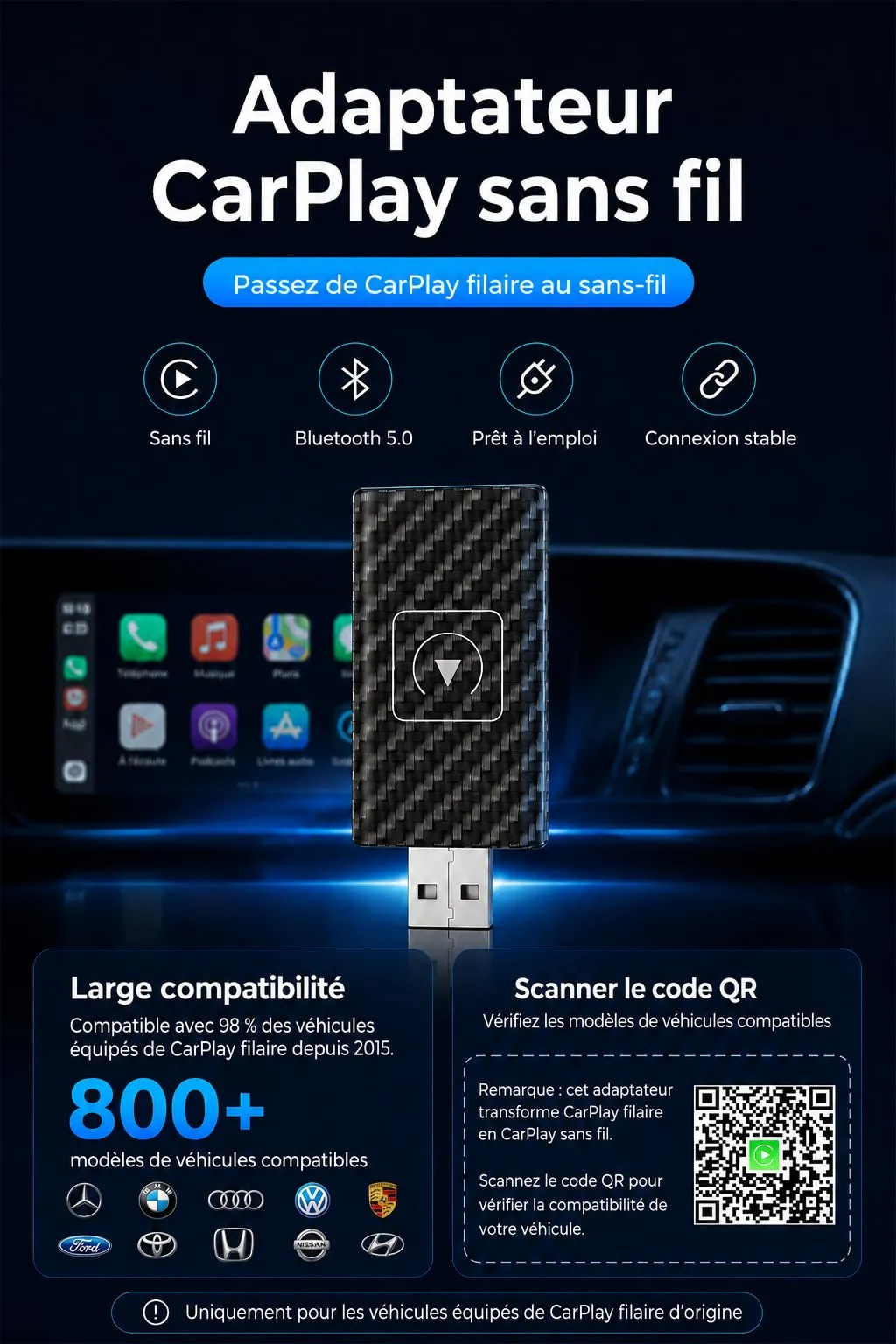 Gonikli Adattatore CarPlay Wireless per iOS, da Cablato a Wireless per Auto - immagine 5