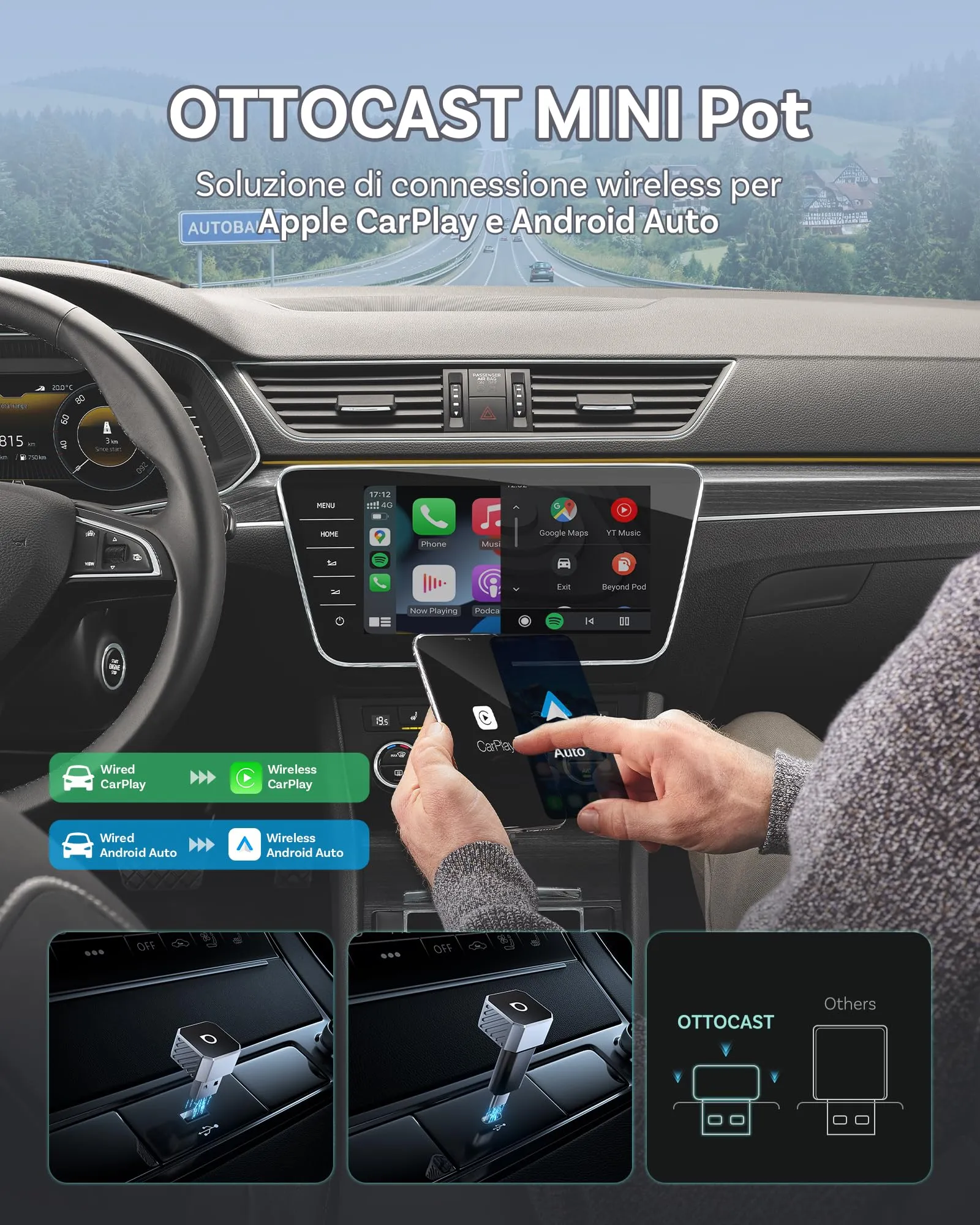 Ottocast Mini Cube 2 in 1 Wireless CarPlay & Android Auto Adapter - immagine 2