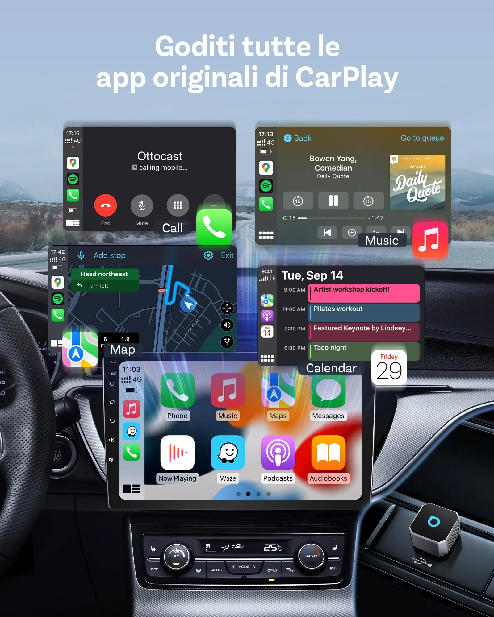 Ottocast Mini Cube 2 in 1 Wireless CarPlay & Android Auto Adapter - immagine 4