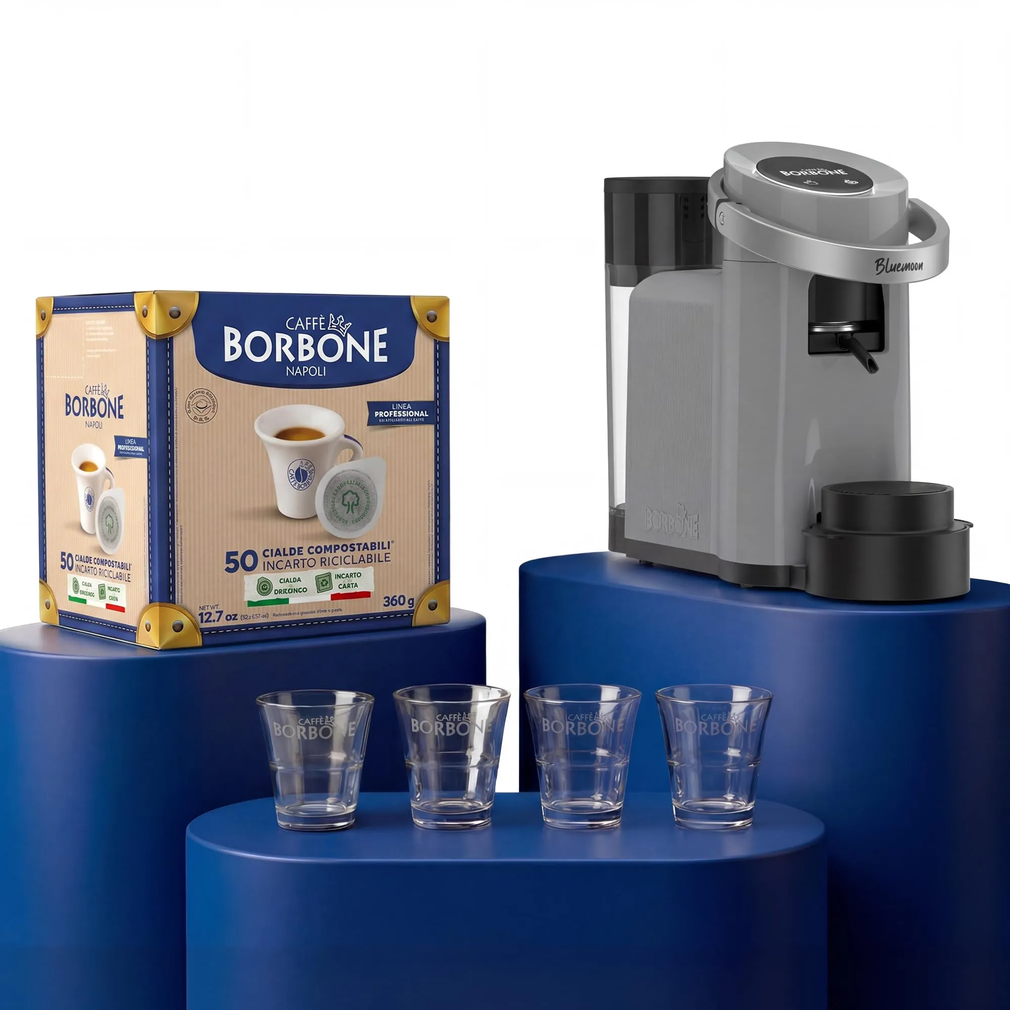 Caffè Borbone Bluemoon Macchina da Caffè a Cialde (Grigia, Macchina + Cialda + 8 Bicchierini) - immagine 1