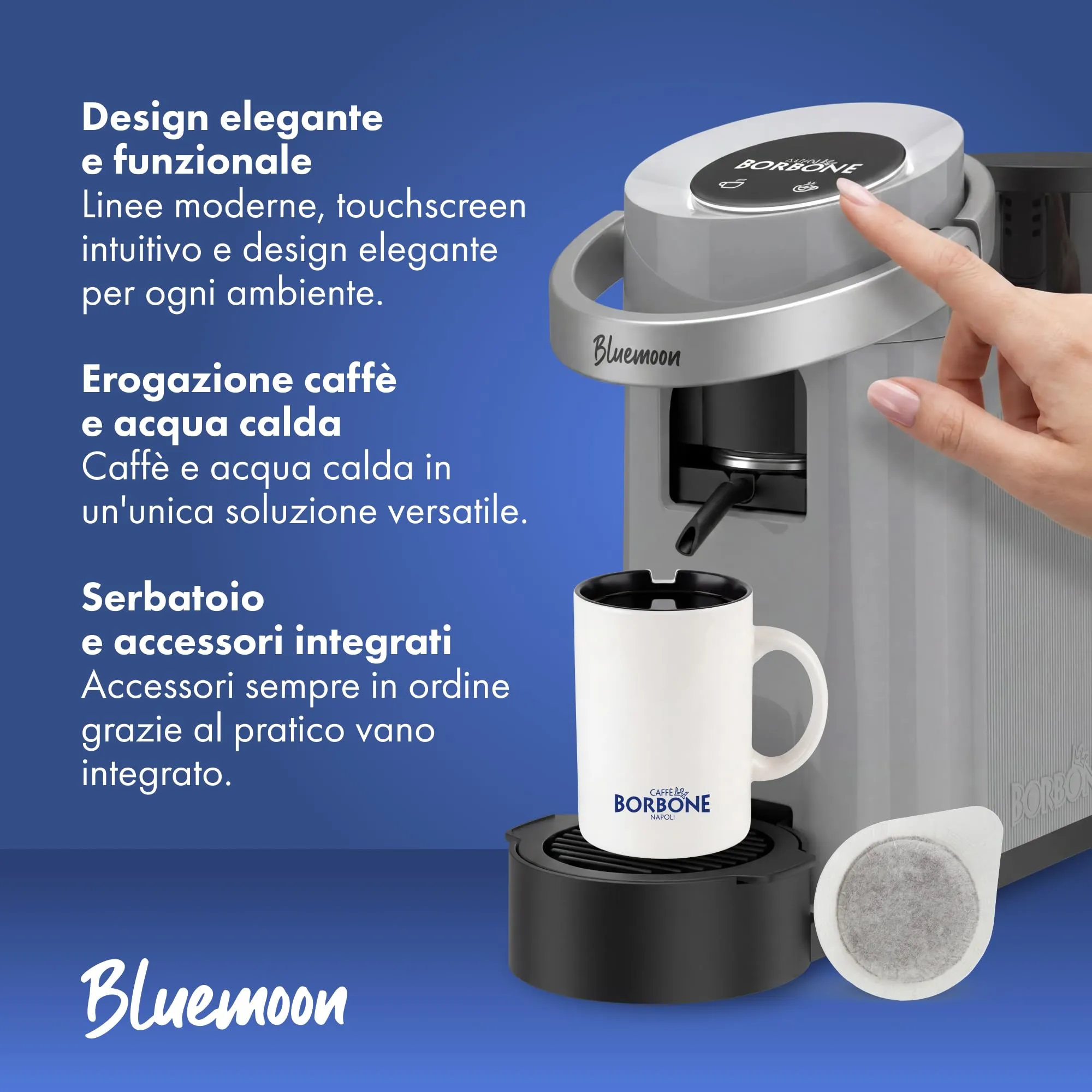Caffè Borbone Bluemoon Macchina da Caffè a Cialde (Grigia, Macchina + Cialda + 8 Bicchierini) - immagine 6