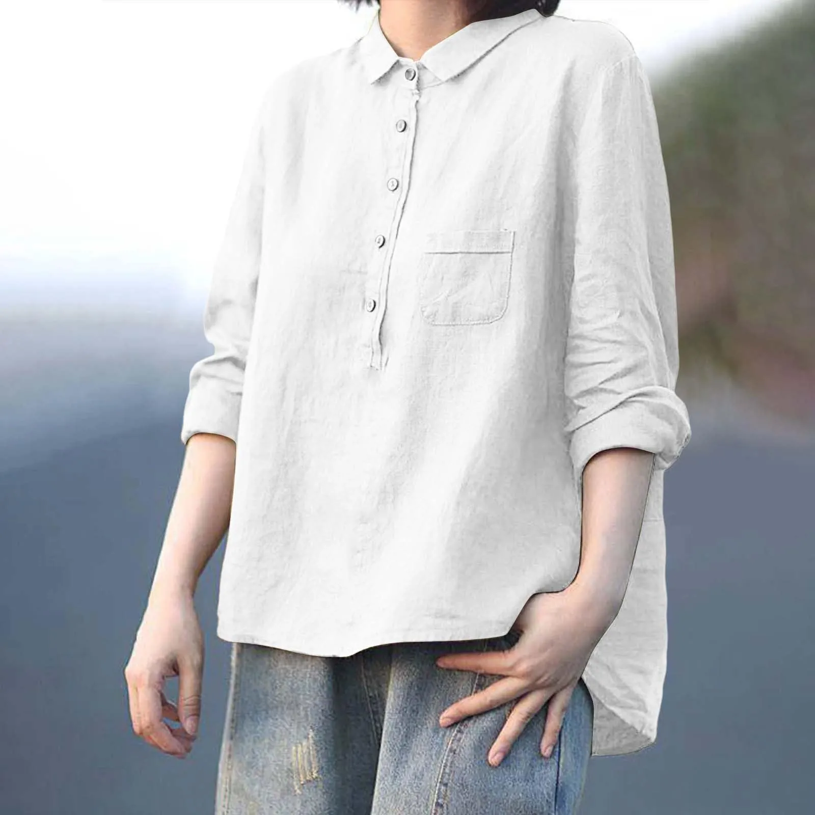 Cocila Camicia in Lino Donna Maniche Corte Nera Elegante - immagine 3
