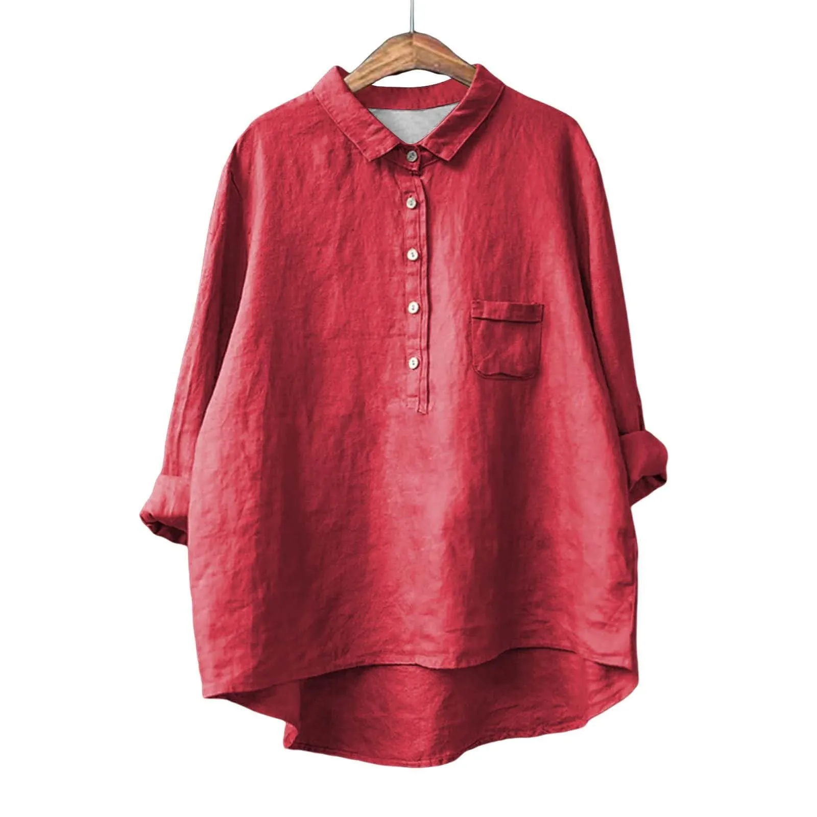 Cocila Camicia in Lino e Pizzo Donna Maniche Lunghe Spalla Scoperta Rossa - immagine 3