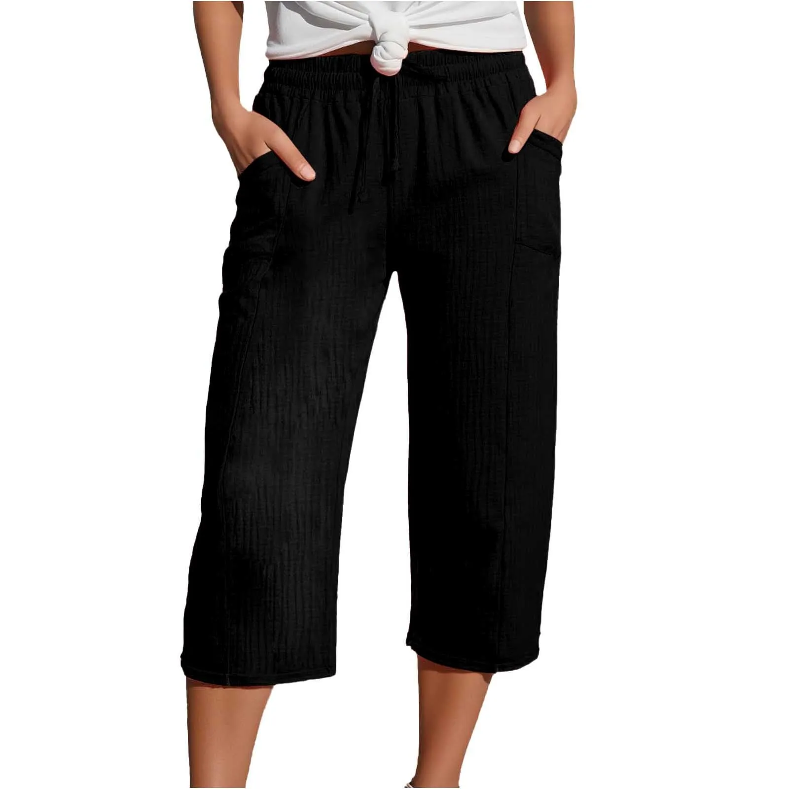 Generico Pantaloni Capri in Lino e Cotone Donna Vita Alta Larghi con Tasche Tinta Unita - immagine 1