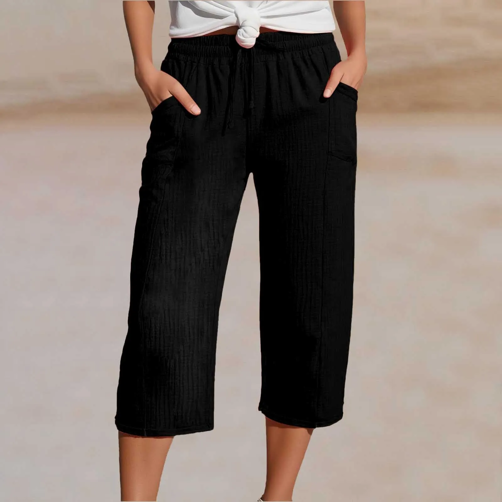 Generico Pantaloni Capri in Lino e Cotone Donna Vita Alta Larghi con Tasche Tinta Unita - immagine 2